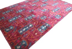 Transitional Hand Knotsted Natural Silk Ikat Taupe Dark Pink Rug in Stock