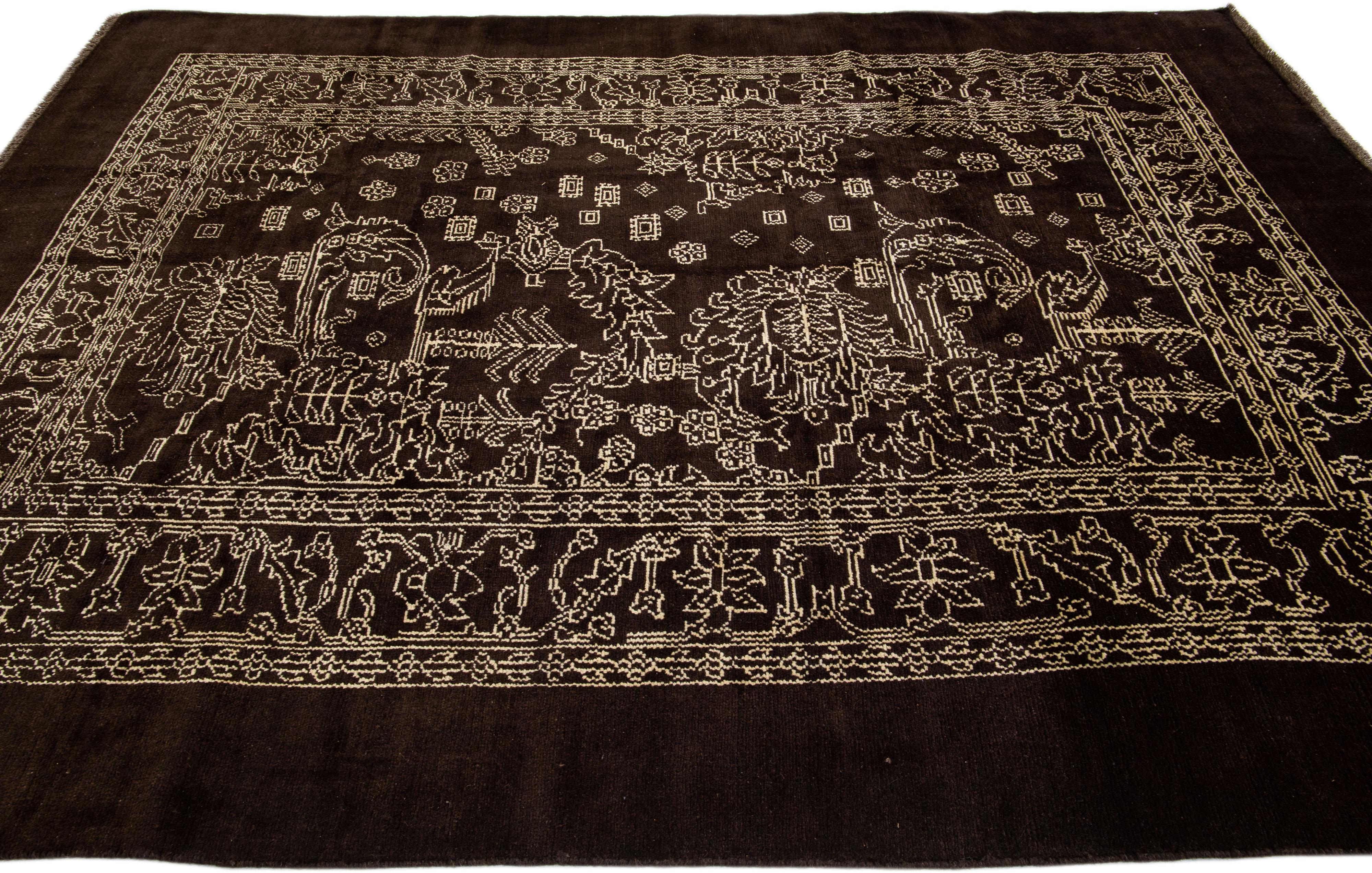 Transitional Handmade Allover Motif Brown Wool Rug by Apadana In New Condition For Sale In Norwalk, CT