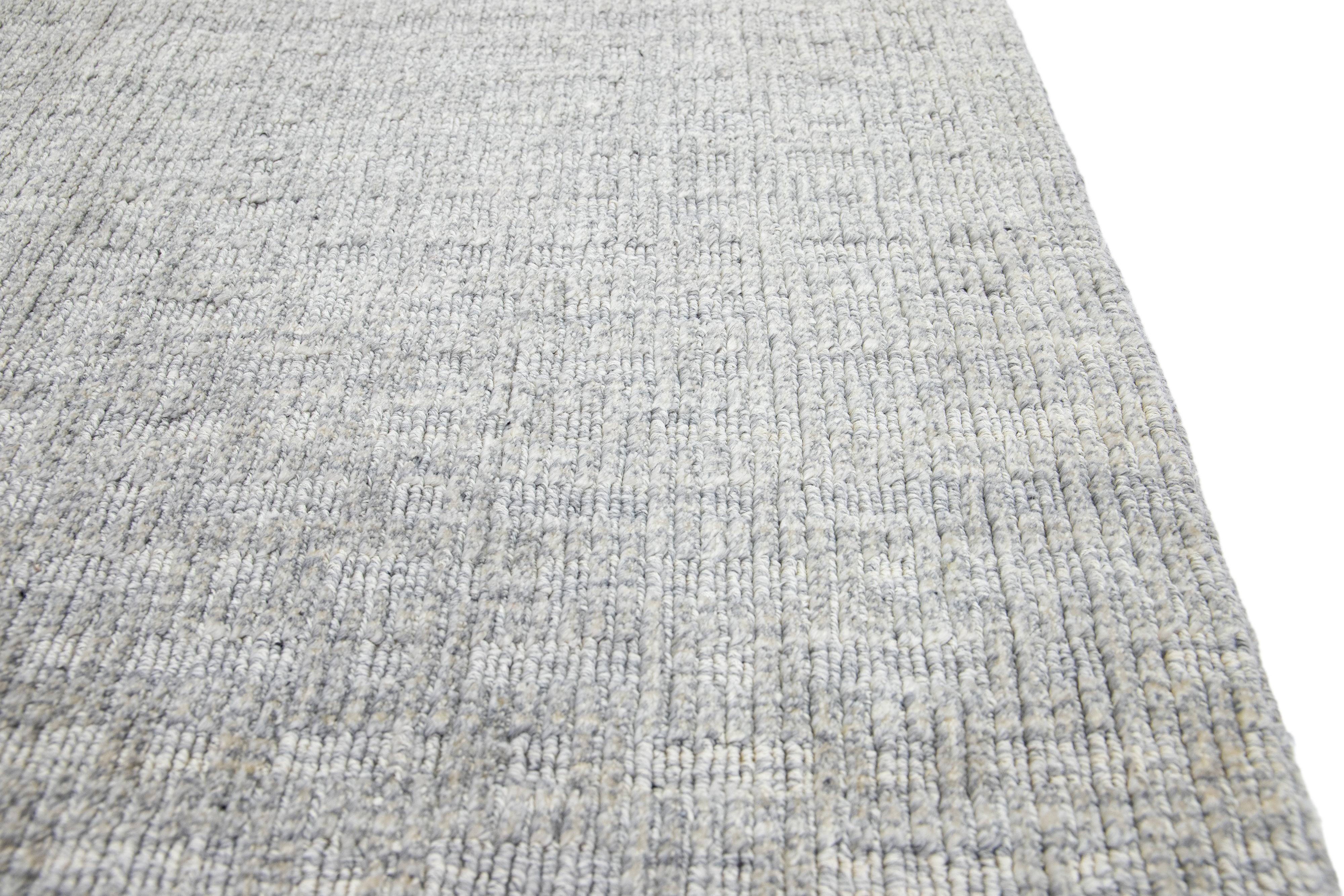 Modern Transitional Handmade Light Gray Custom Wool Rug For Sale