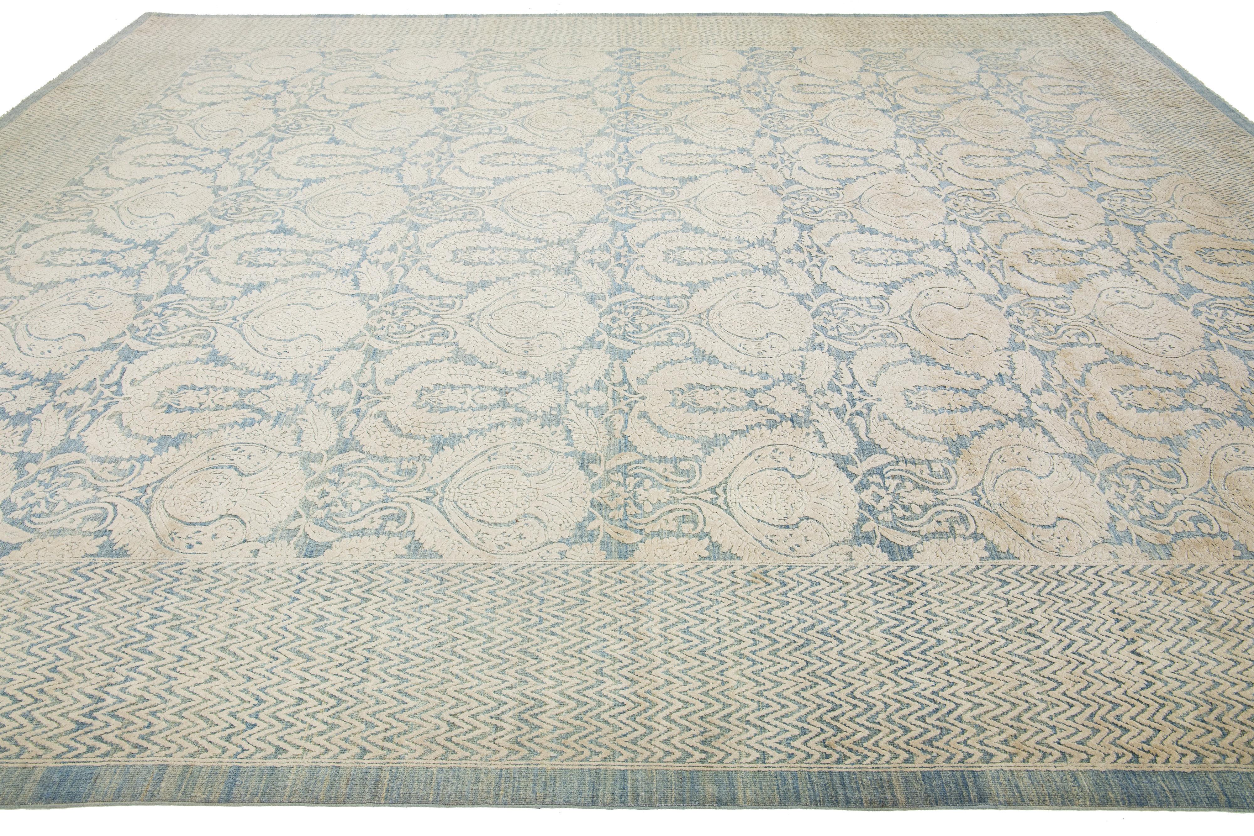 Hand-Knotted Transitional Handmade Wool Rug With Allover Pattern In Beige and Blue Colors  For Sale