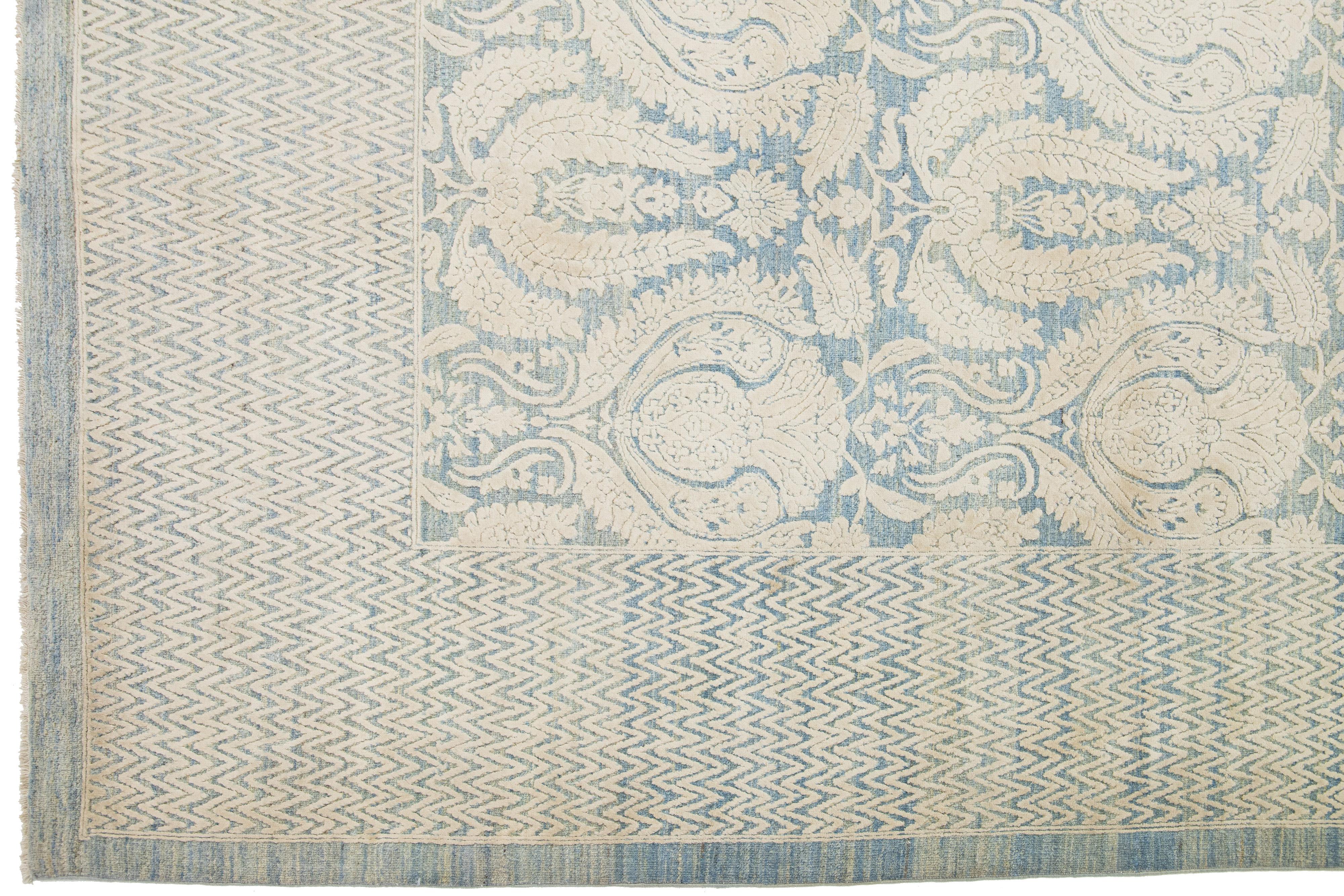 Transitional Handmade Wool Rug With Allover Pattern In Beige and Blue Colors  In New Condition For Sale In Norwalk, CT