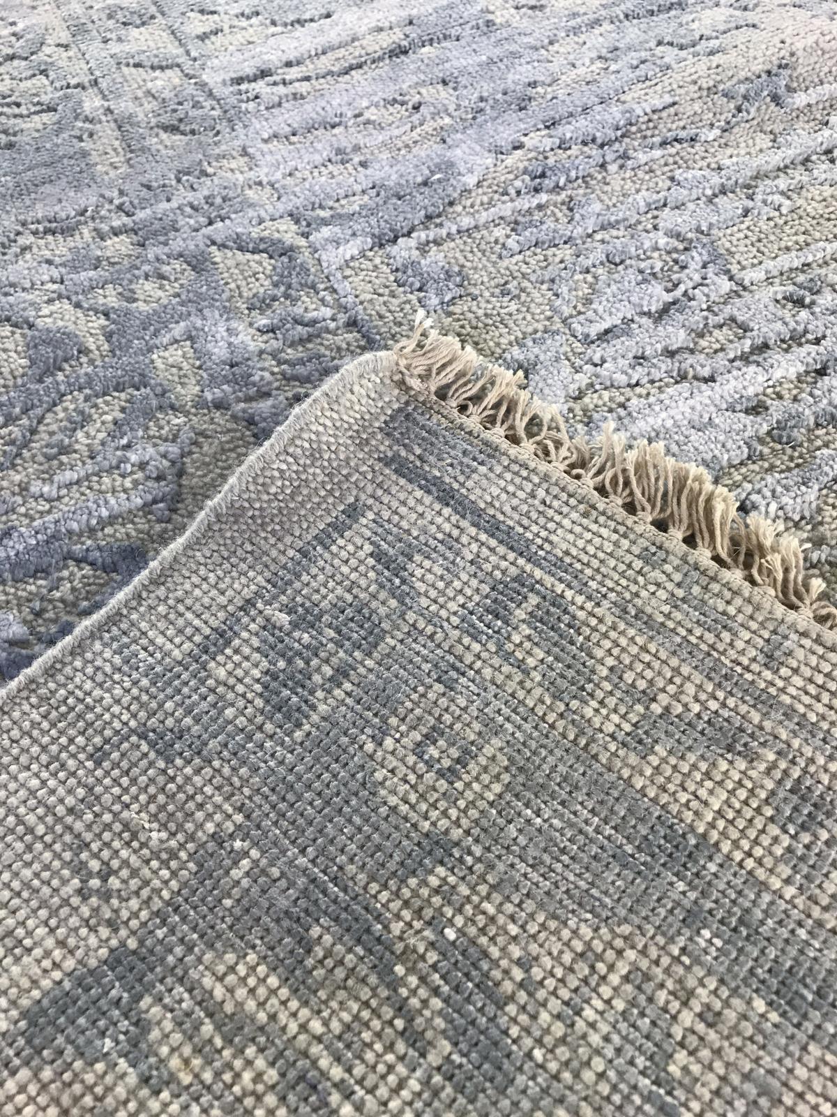 Wool Transitional High Low Beige and Silver Area Rug For Sale