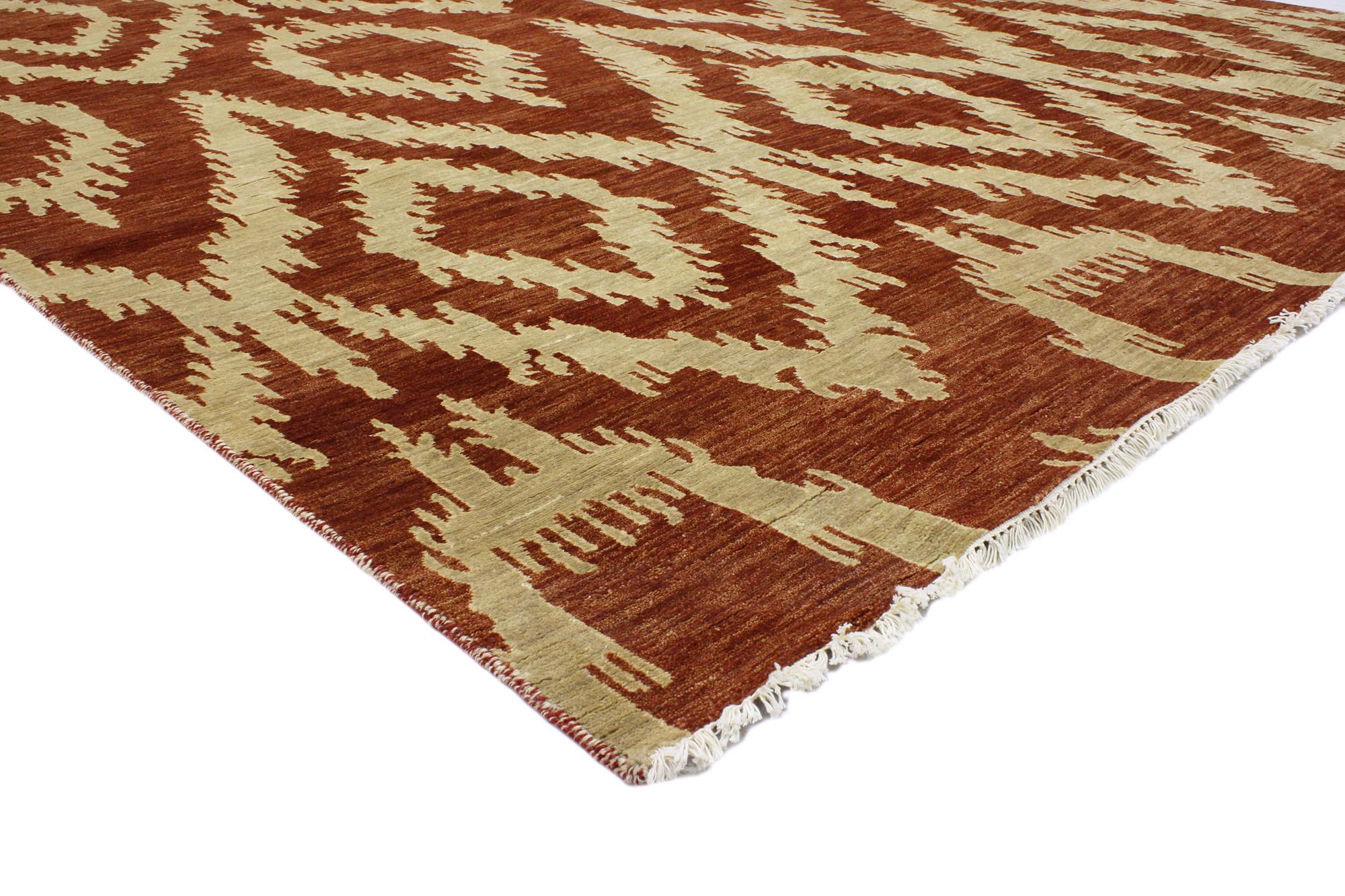 30298 New Transitional Ikat Rug, 08'00 X 10'00.
With its incredible detail and texture, this hand knotted wool Ikat rug from India is a captivating vision of woven beauty. The eye-catching ikat design and colorway woven into this piece work together