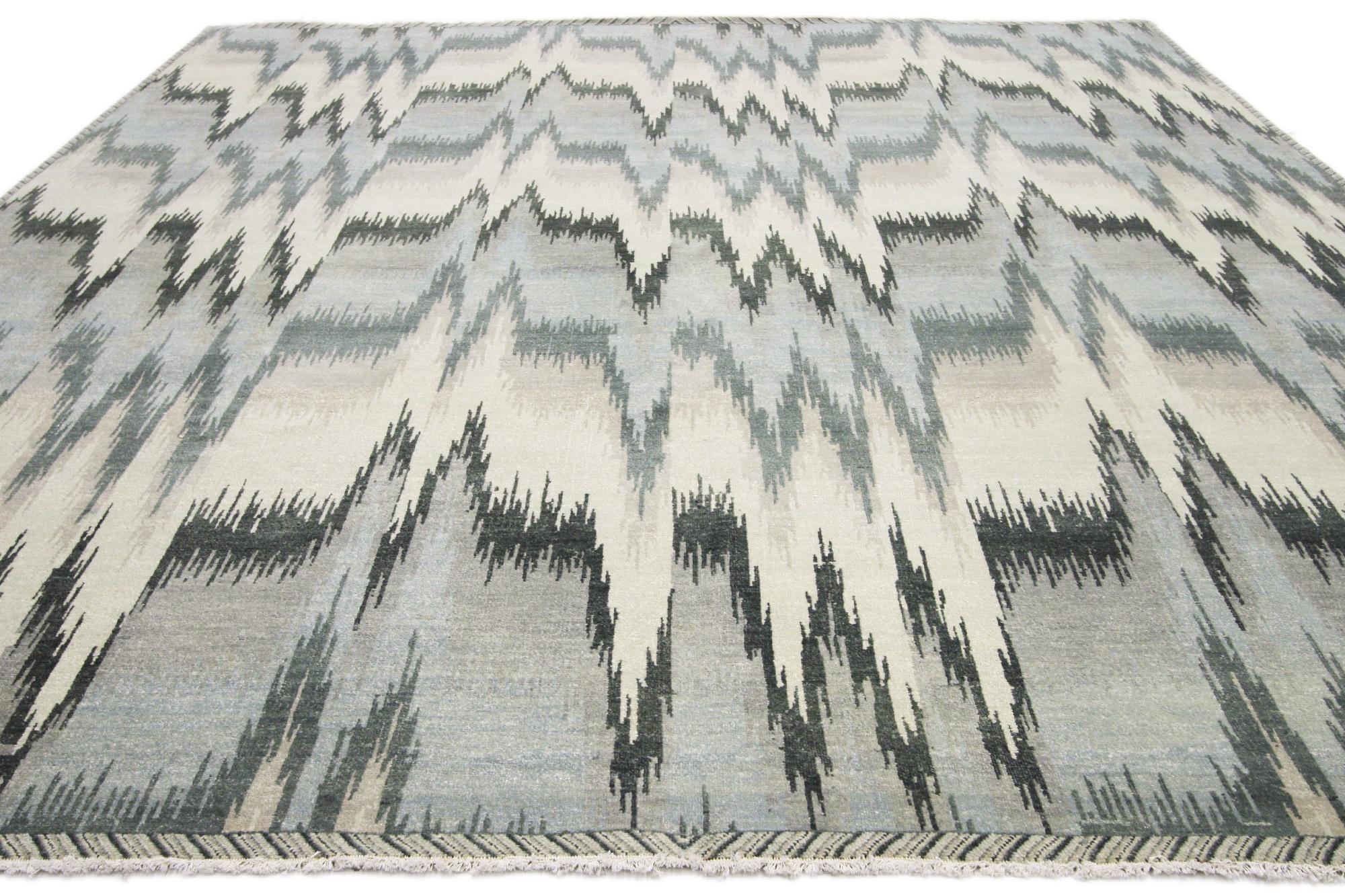 Indian Transitional Ikat Area Rug, Modern Elegance Meets Abstract Expressionism For Sale