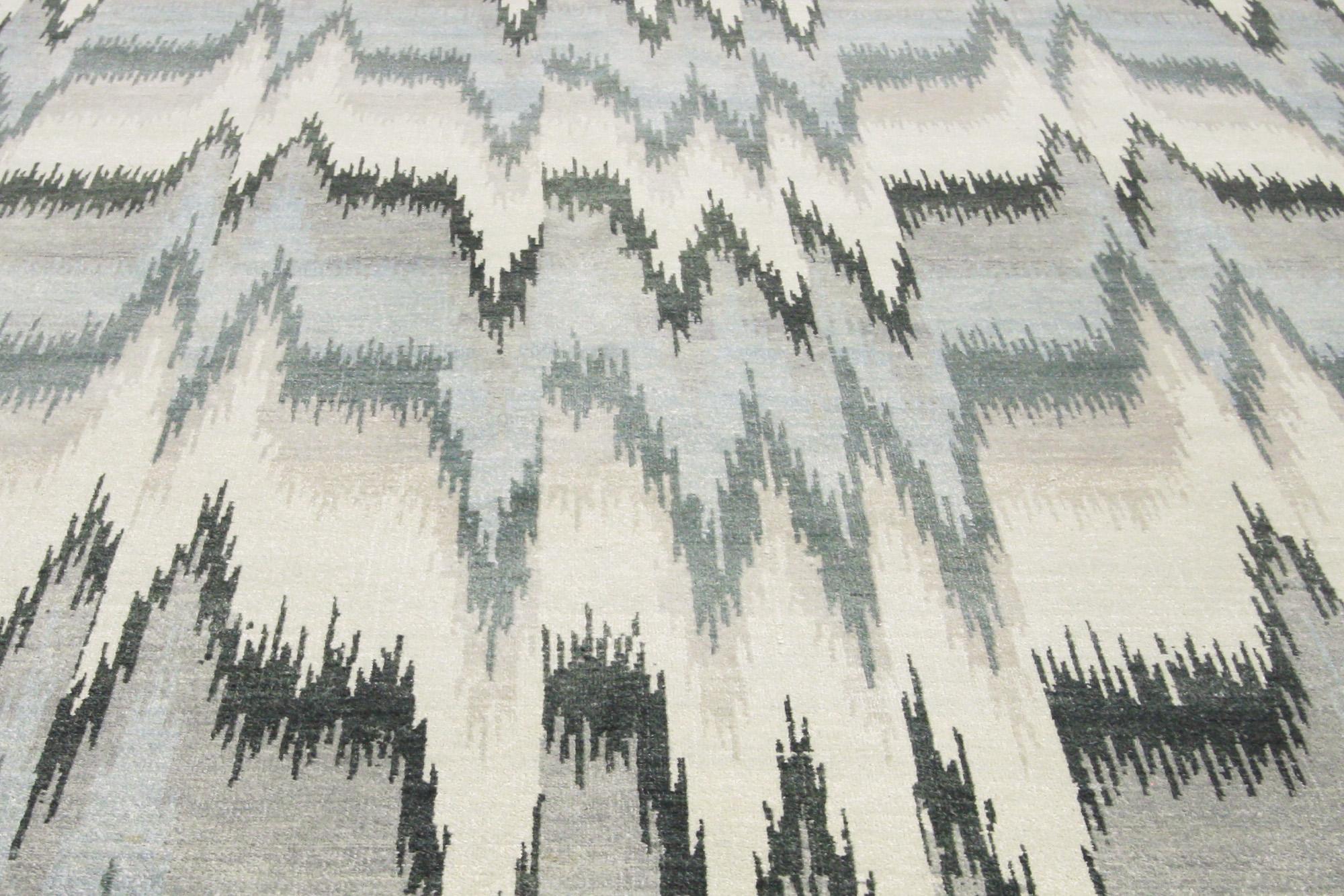 Hand-Knotted Transitional Ikat Area Rug, Modern Elegance Meets Abstract Expressionism For Sale