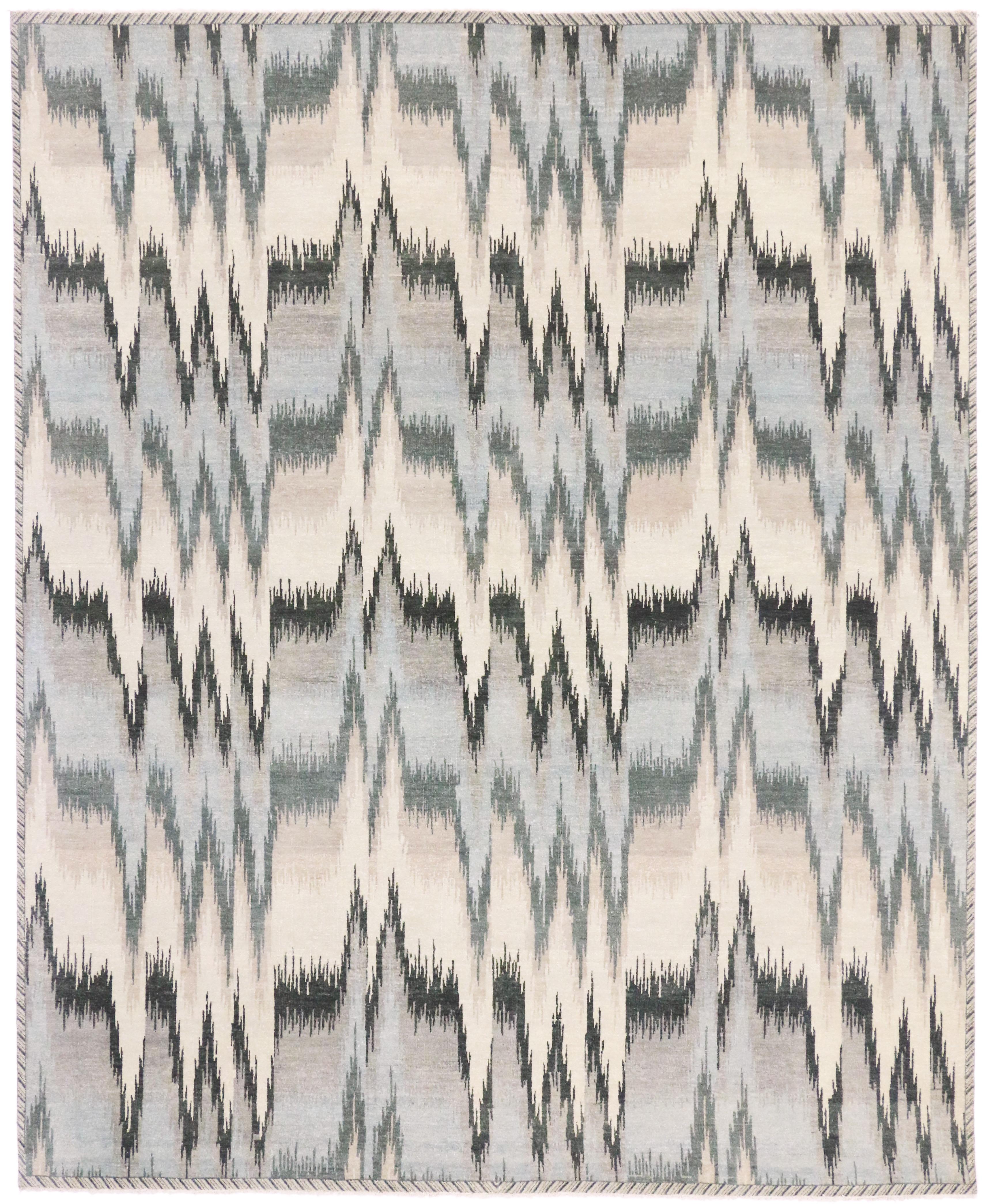 Wool Transitional Ikat Area Rug, Modern Elegance Meets Abstract Expressionism For Sale