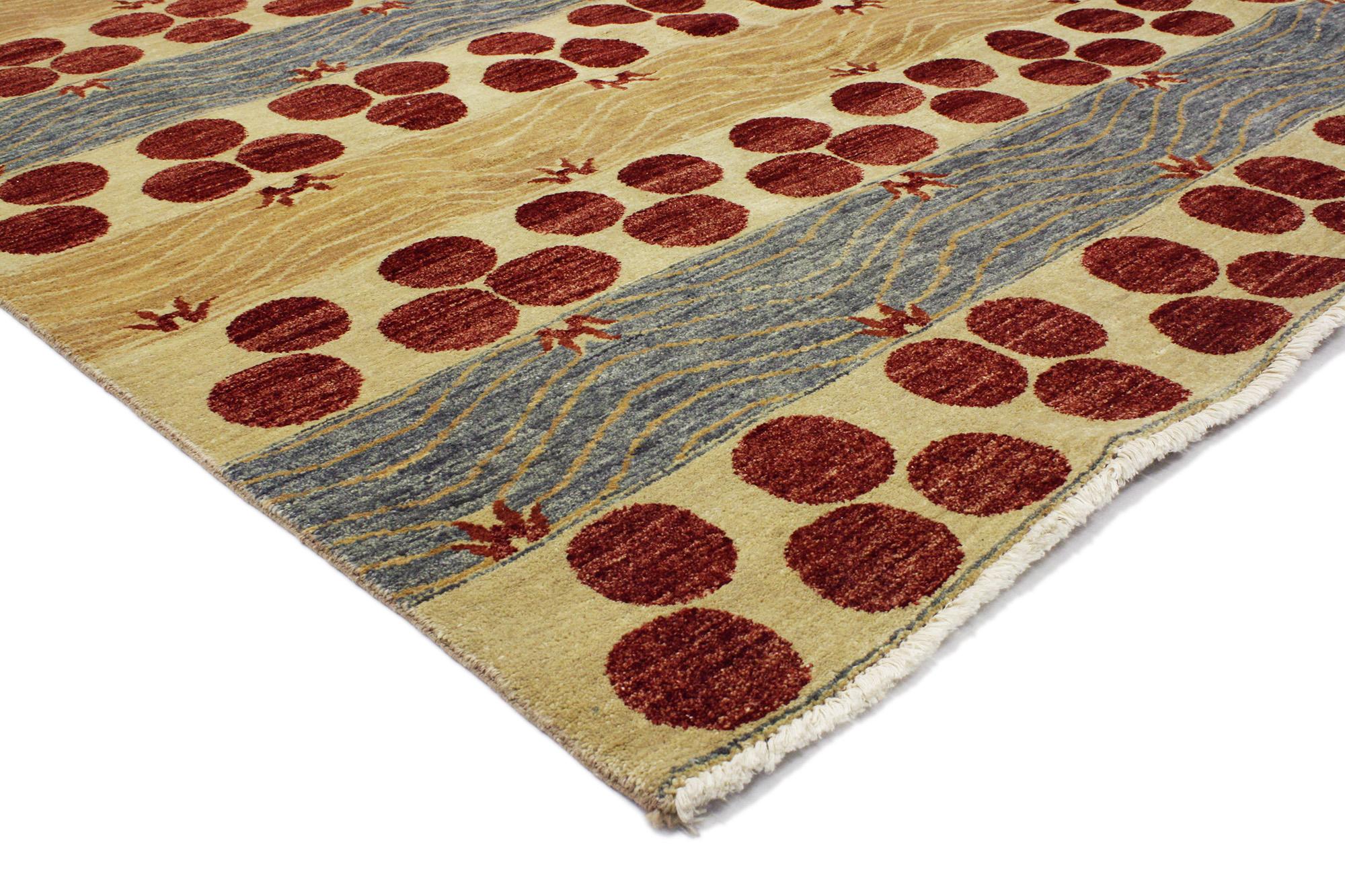 30289 Transitional Indian Area Rug, 05'09 X 09'03. This hand-knotted wool contemporary Indian area rug features a dynamic large-scale all-over Chintamani pattern in sumptuous warm colors. The classic Chintamani motif, which consists of three disks