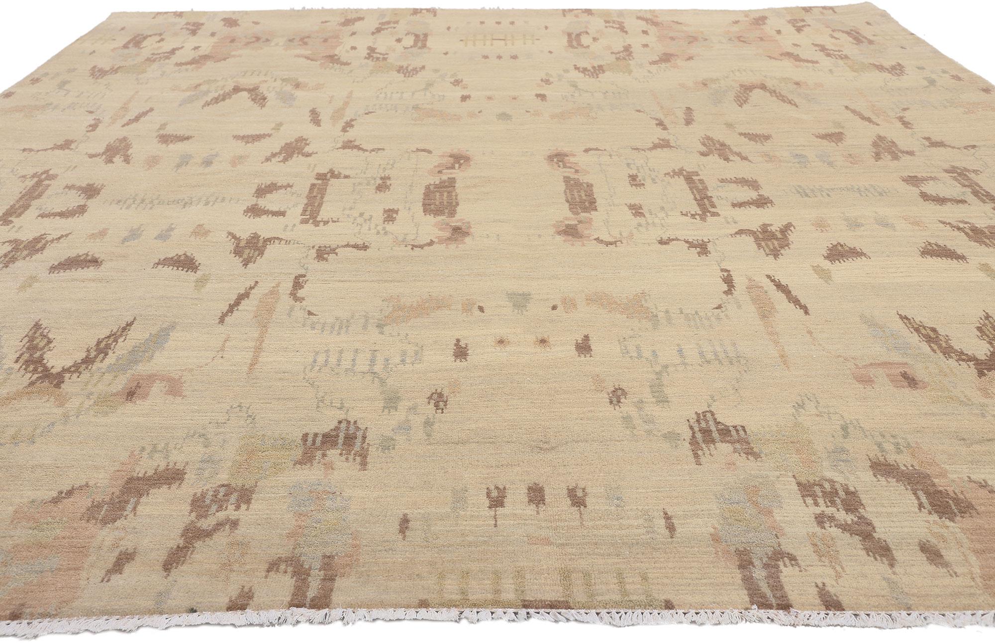 Hand-Knotted New Transitional Ikat Rug, Earth-Tone Elegance Meets Subtle Sophistication For Sale