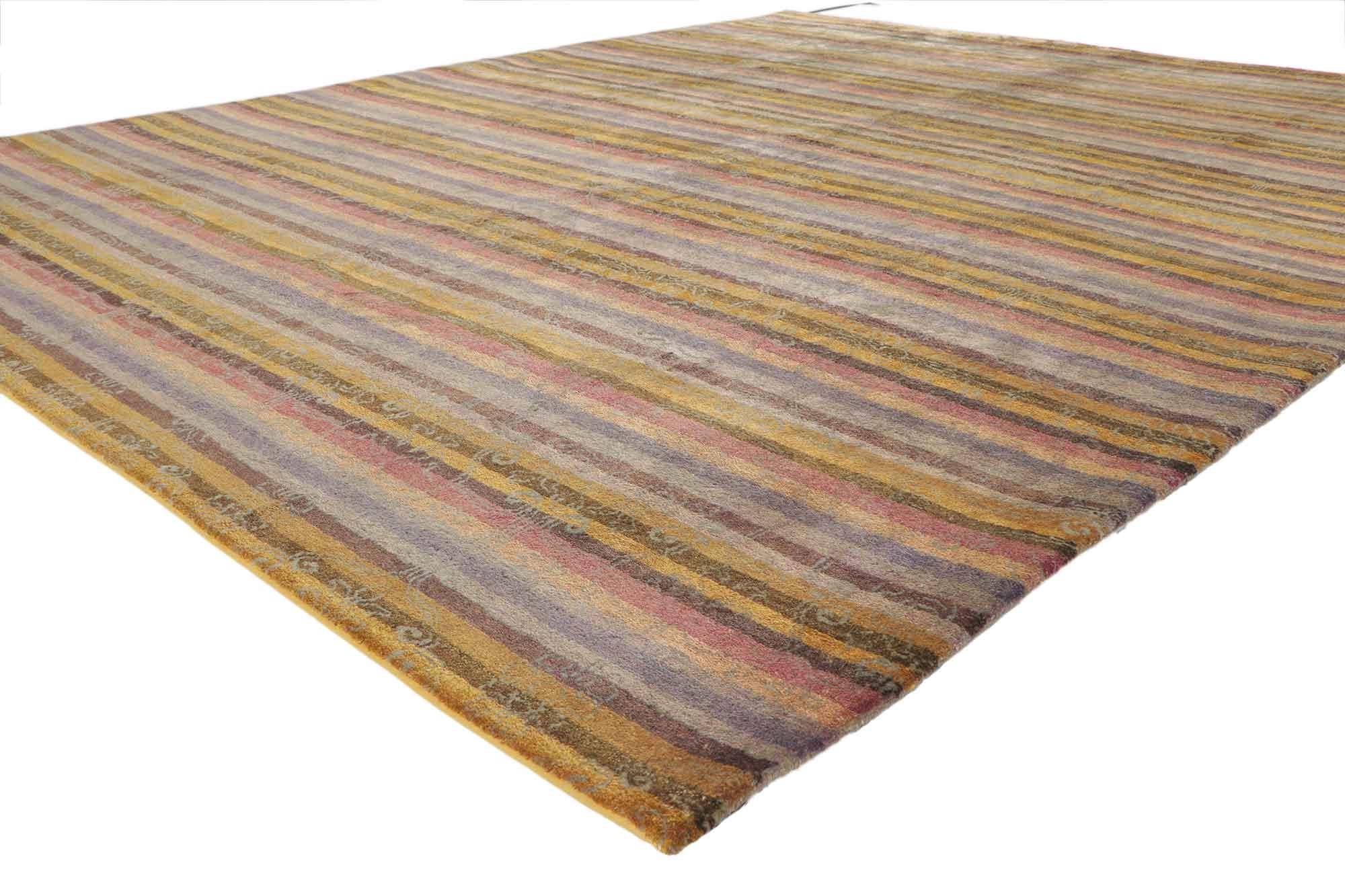 30227, Transitional Indian striped area rug with Modern Cottage style and Bucolic Charm. This hand knotted wool transitional striped area rug features rows of warm colored bands with a subtle scroll pattern creating a timeless design. Emanating