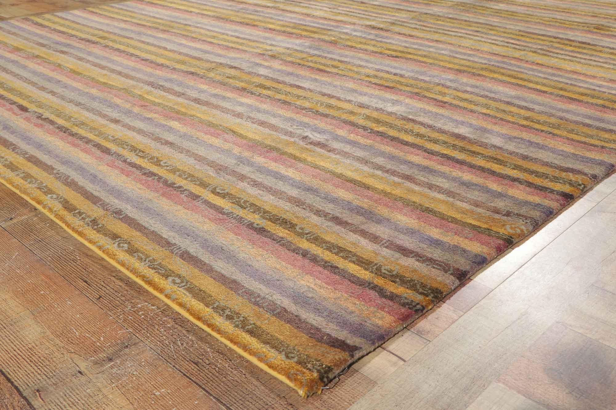 Country Transitional Indian Striped Area Rug, Classic Elegance Meets Bucolic Charm For Sale