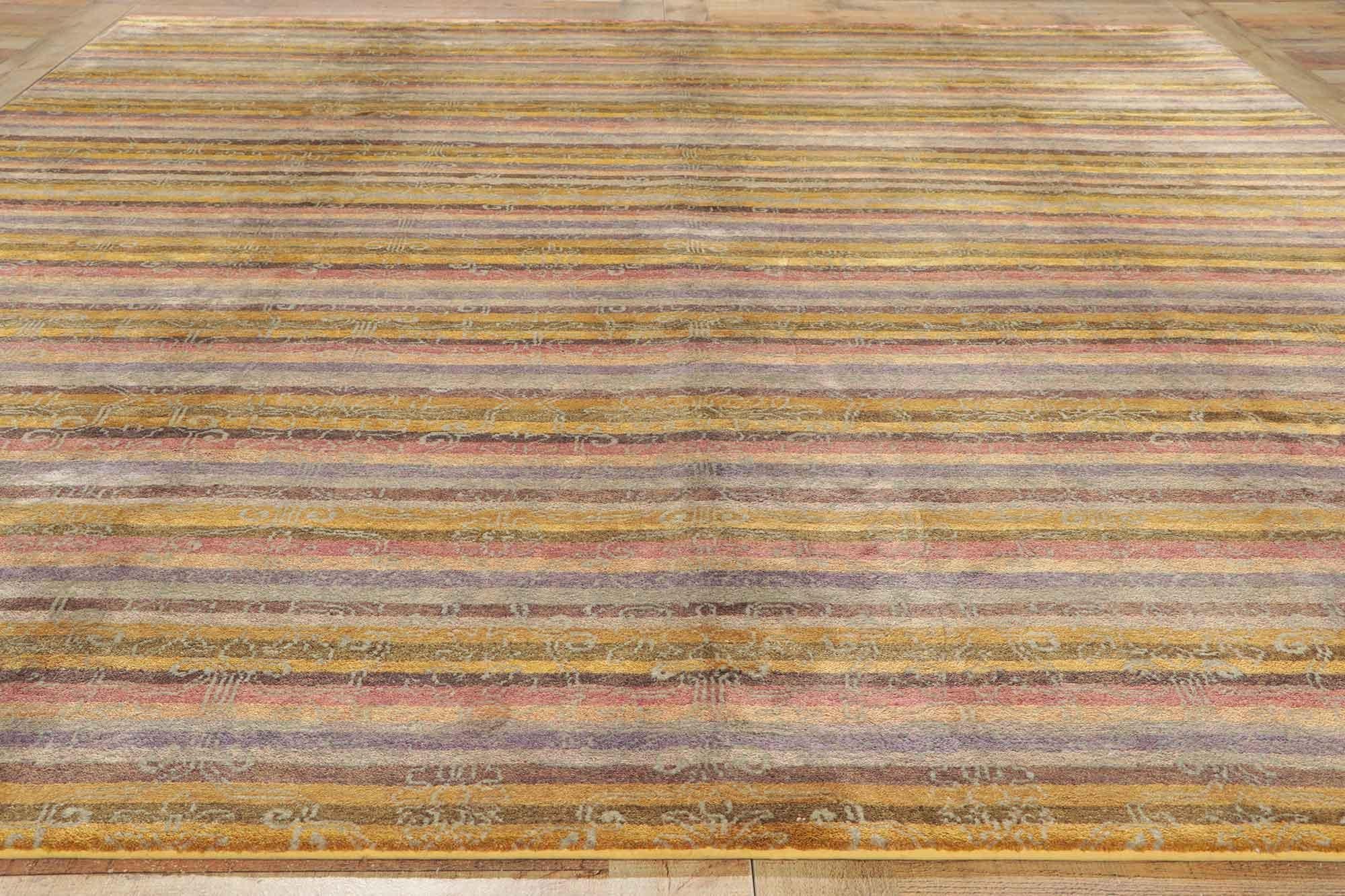 Hand-Knotted Transitional Indian Striped Area Rug, Classic Elegance Meets Bucolic Charm For Sale