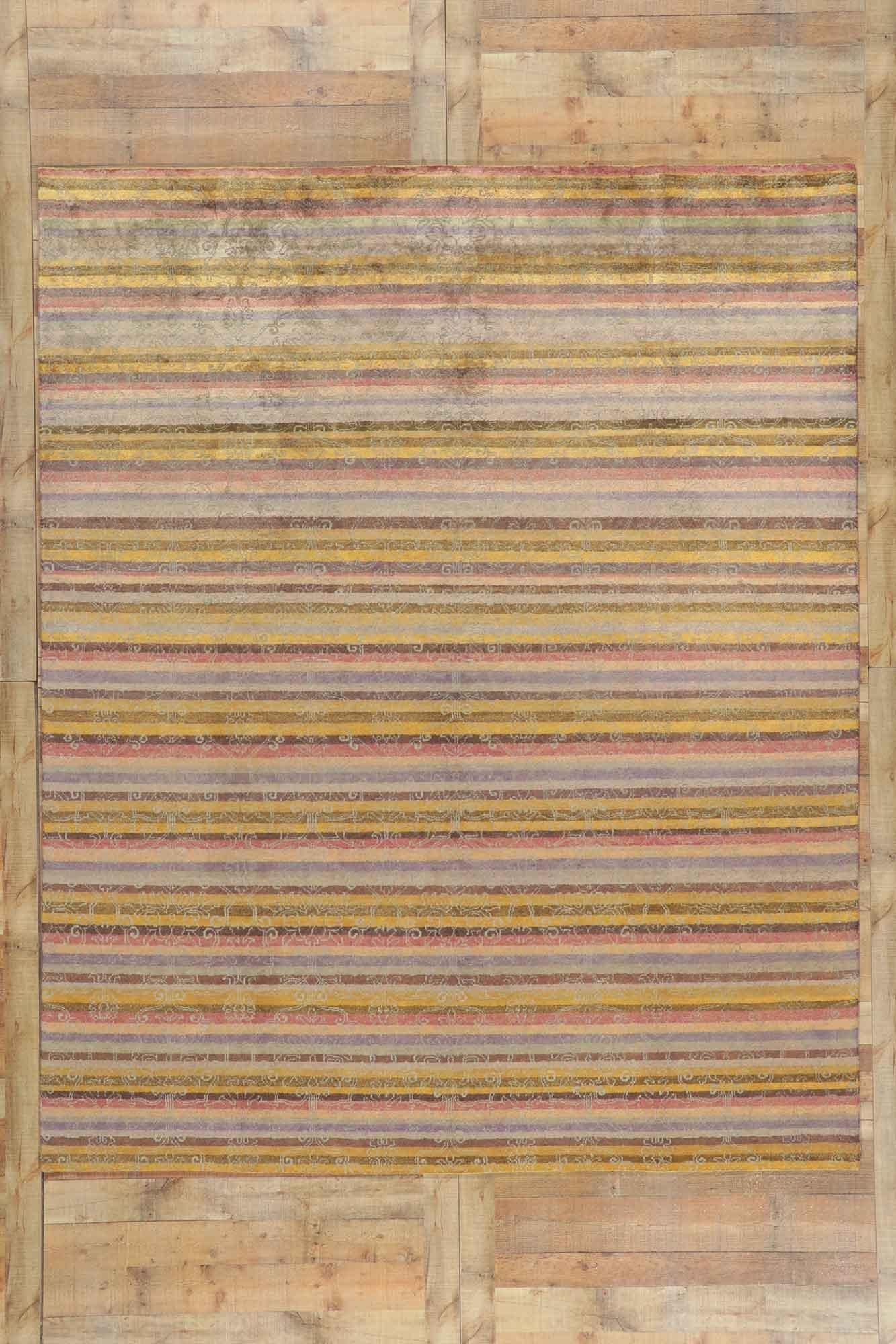 Contemporary Transitional Indian Striped Area Rug, Classic Elegance Meets Bucolic Charm For Sale