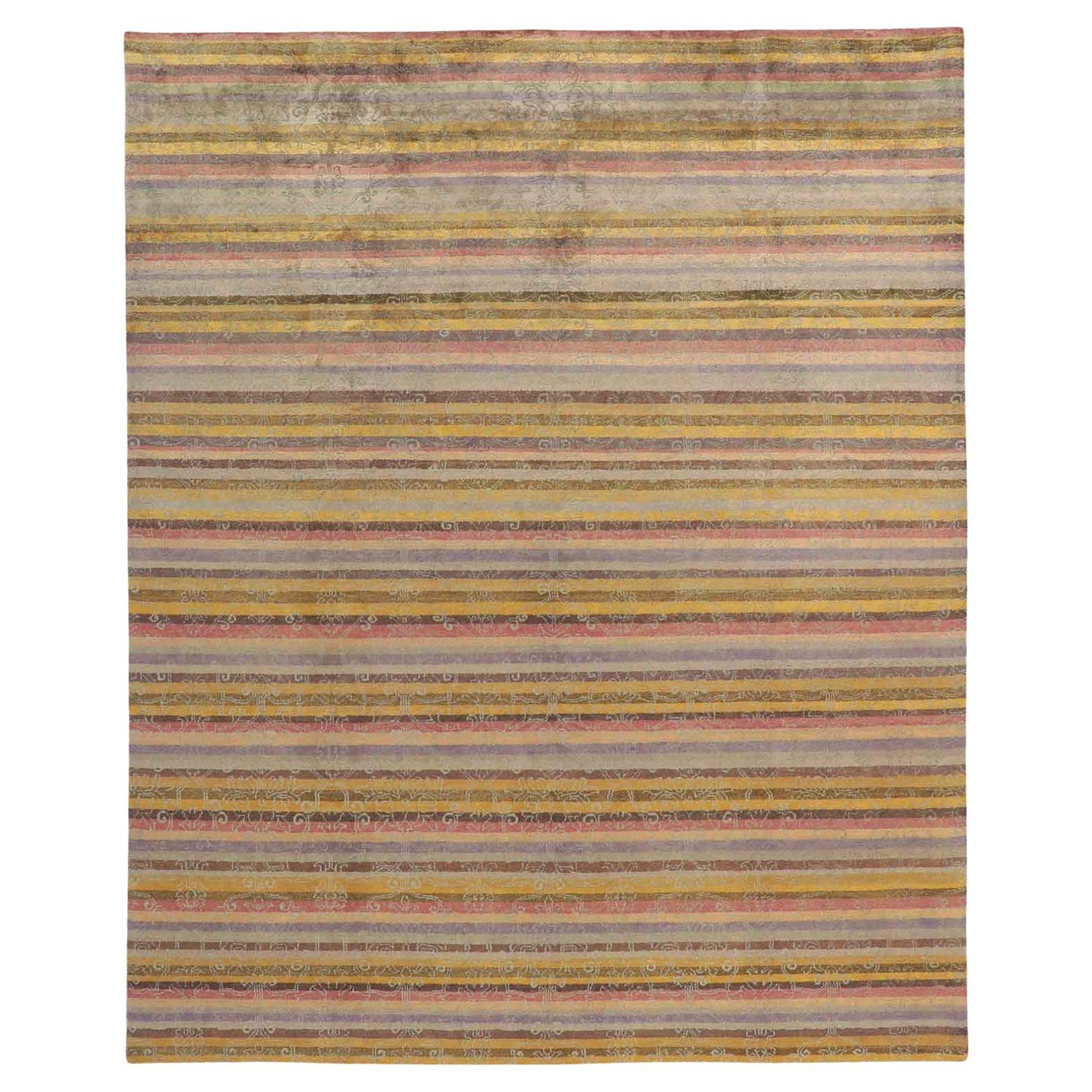 Transitional Indian Striped Area Rug, Classic Elegance Meets Bucolic Charm For Sale
