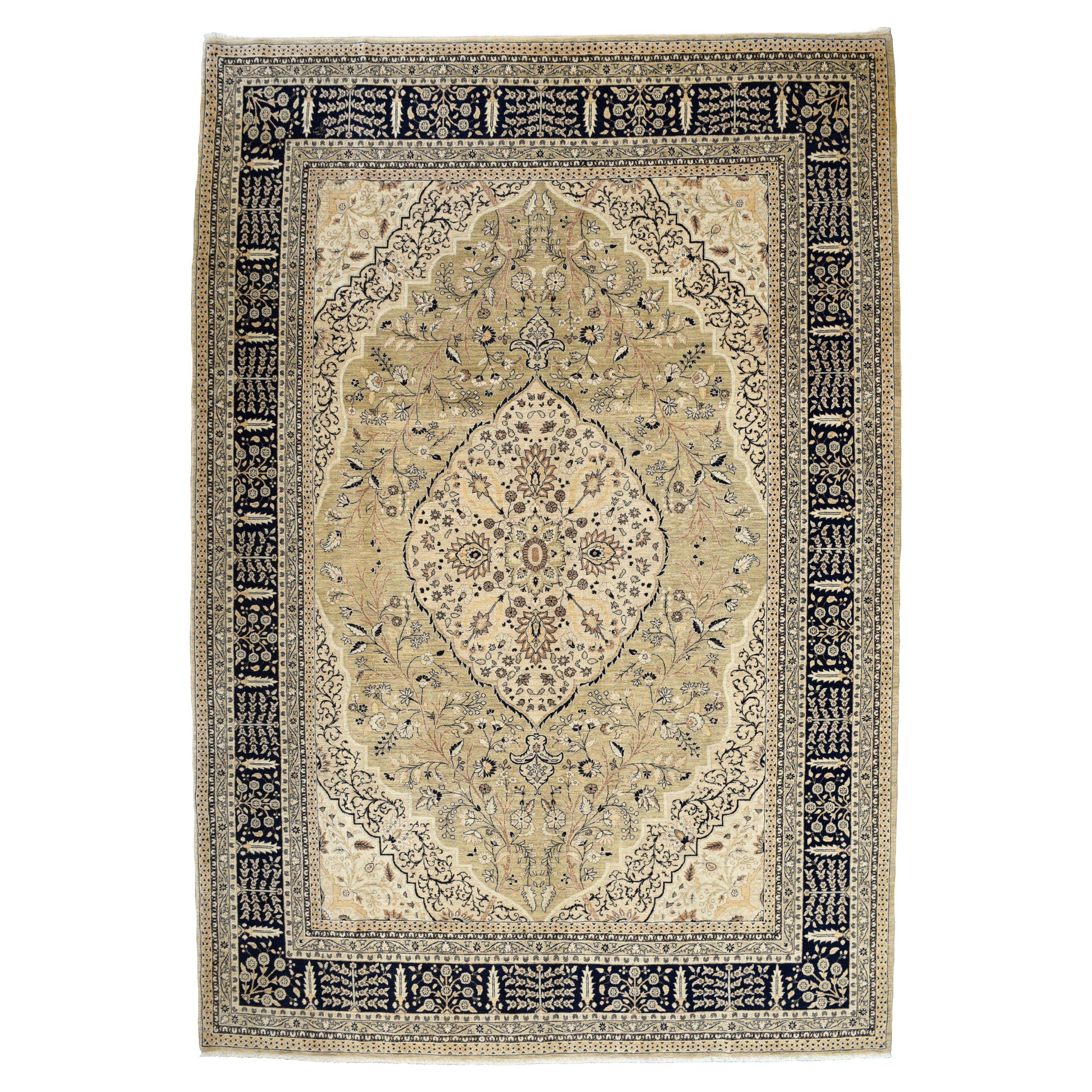 Transitional Ivory Mohtashan Kashan Wool Persian Carpet, 9' x 12'