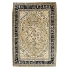Transitional Ivory Mohtashan Kashan Wool Persian Carpet, Hand-Knotted, 9' x 12'