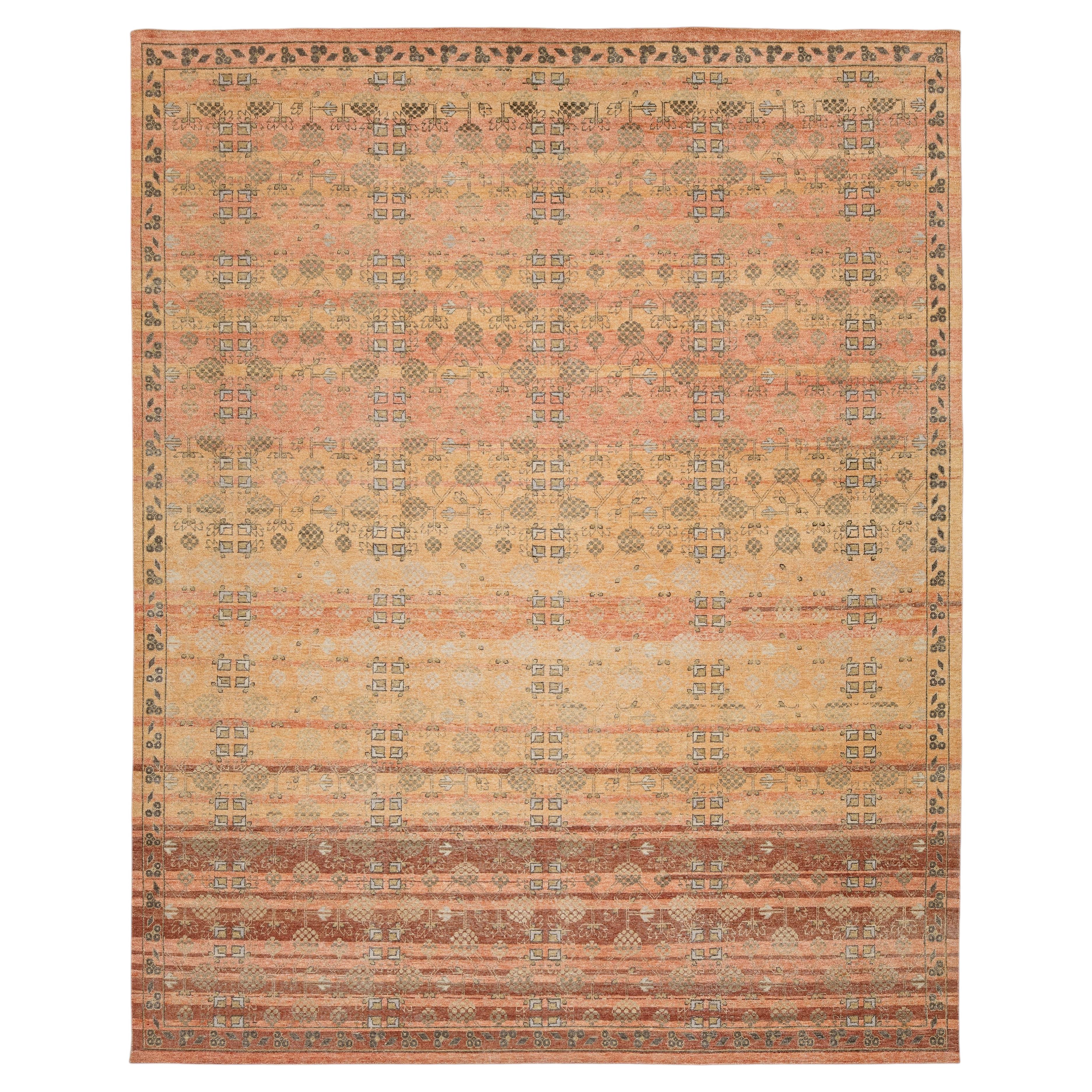 Transitional Khotan Patterned Wool Rug in Earthy Terracotta, Gold, and Sage For Sale