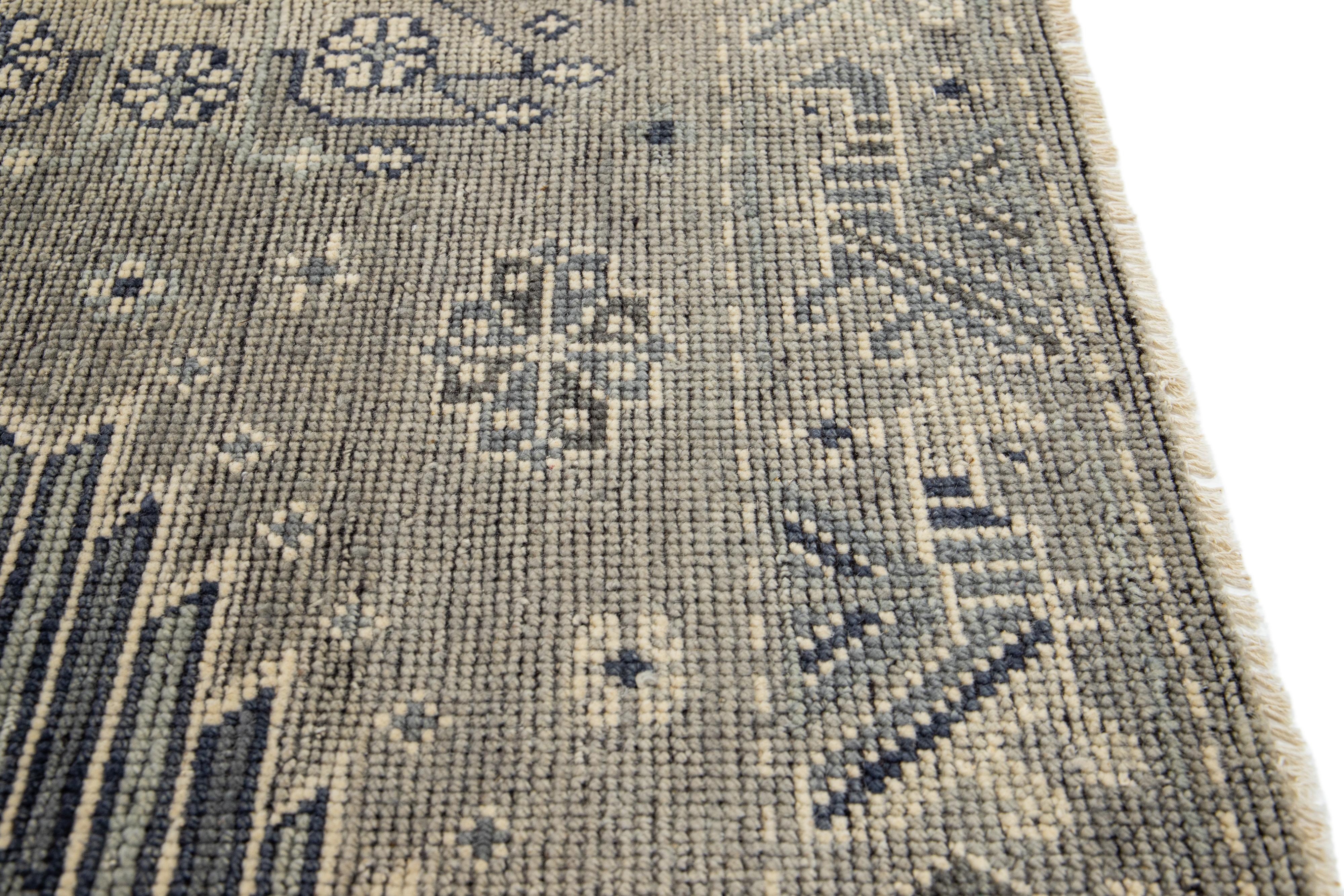 Modern Transitional Khotan Style Gray Handmade Custom Wool Rug For Sale