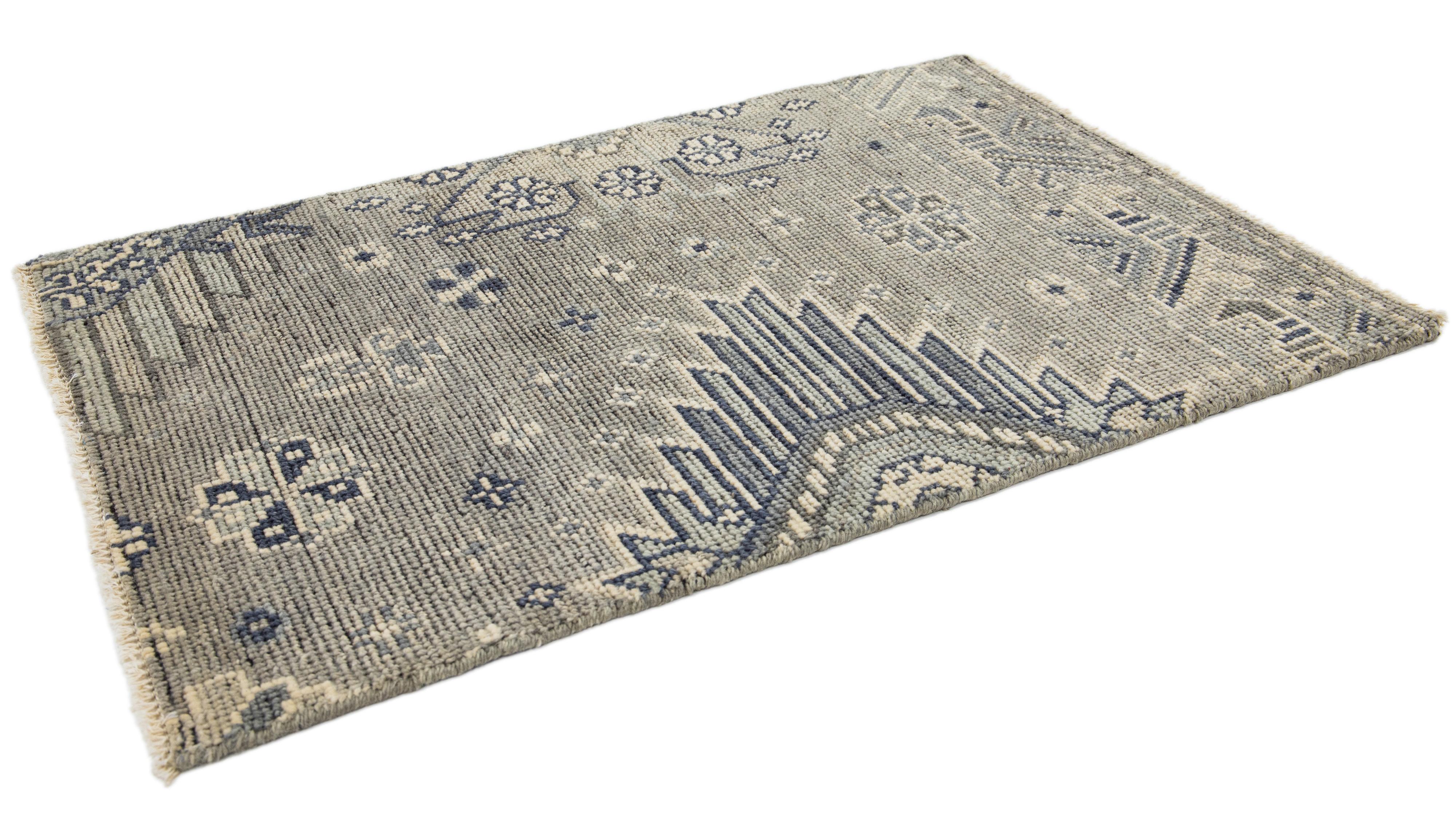 Turkish Transitional Khotan Style Gray Handmade Custom Wool Rug For Sale