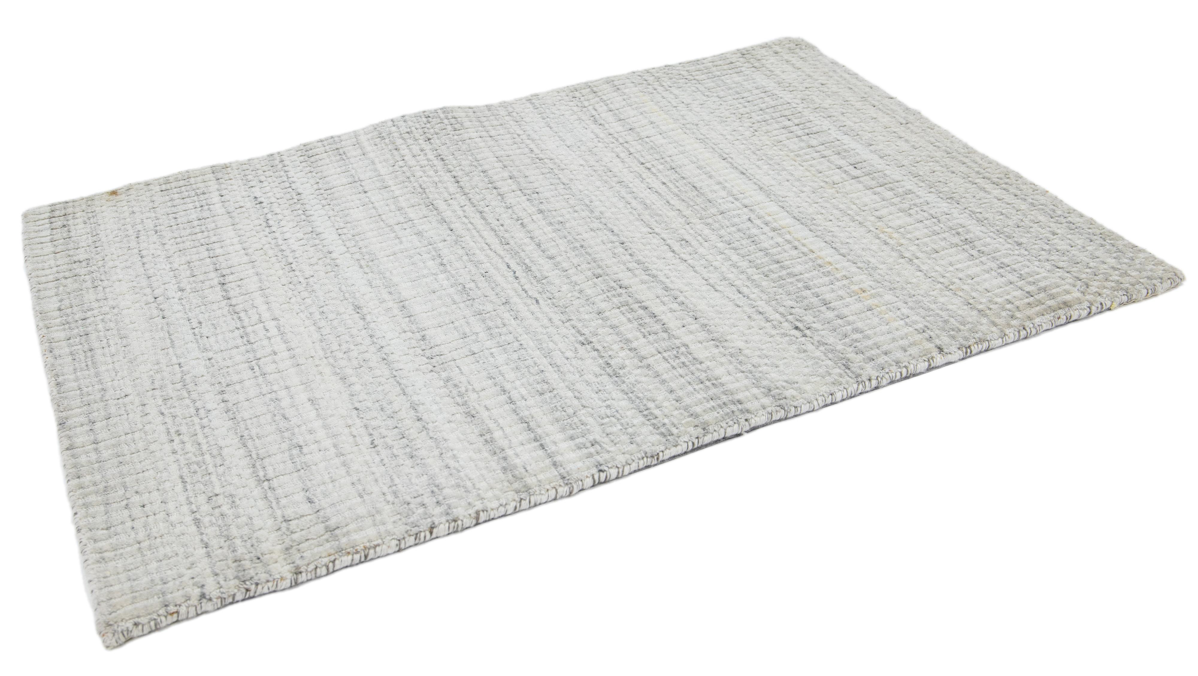 Indian Transitional Light Gray Handmade Custom Wool Rug For Sale