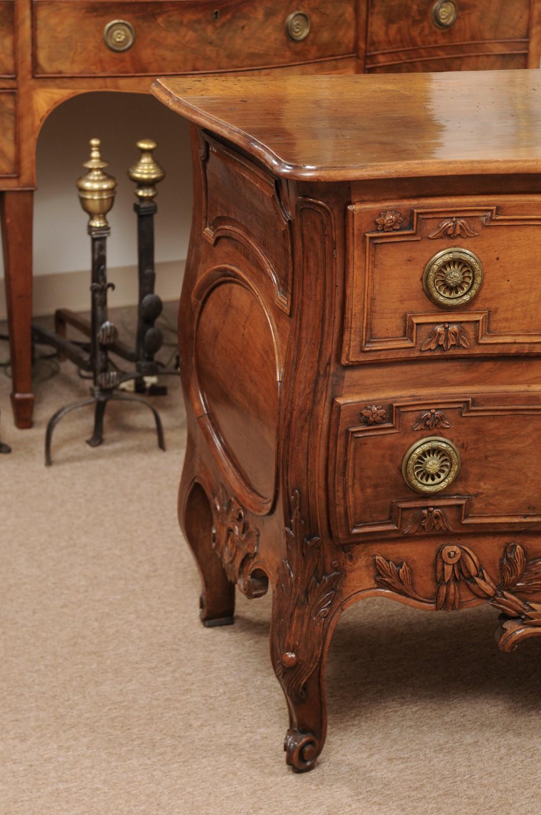 Hand-Carved Transitional Louis XV/XVI Walnut Commode with Pierced Apron & Cabriole Legs For Sale