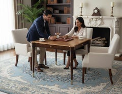 Transitional Mahogany Games Table with Two-Tone Finish and Brass Accents