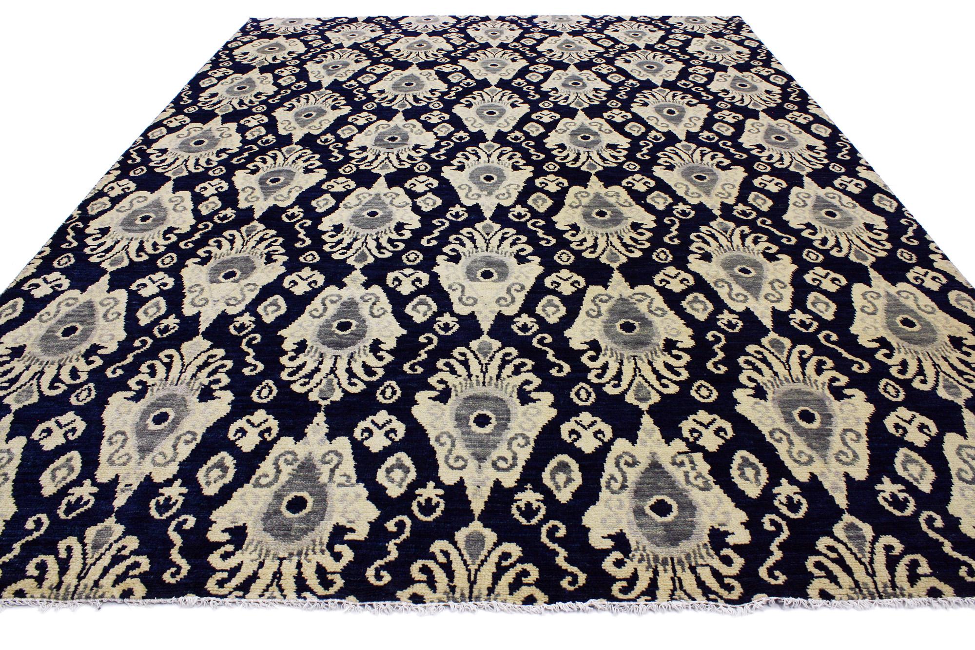 Indian Modern Navy Blue Ikat Rug, Contemporary Elegance Meets Global Chic For Sale
