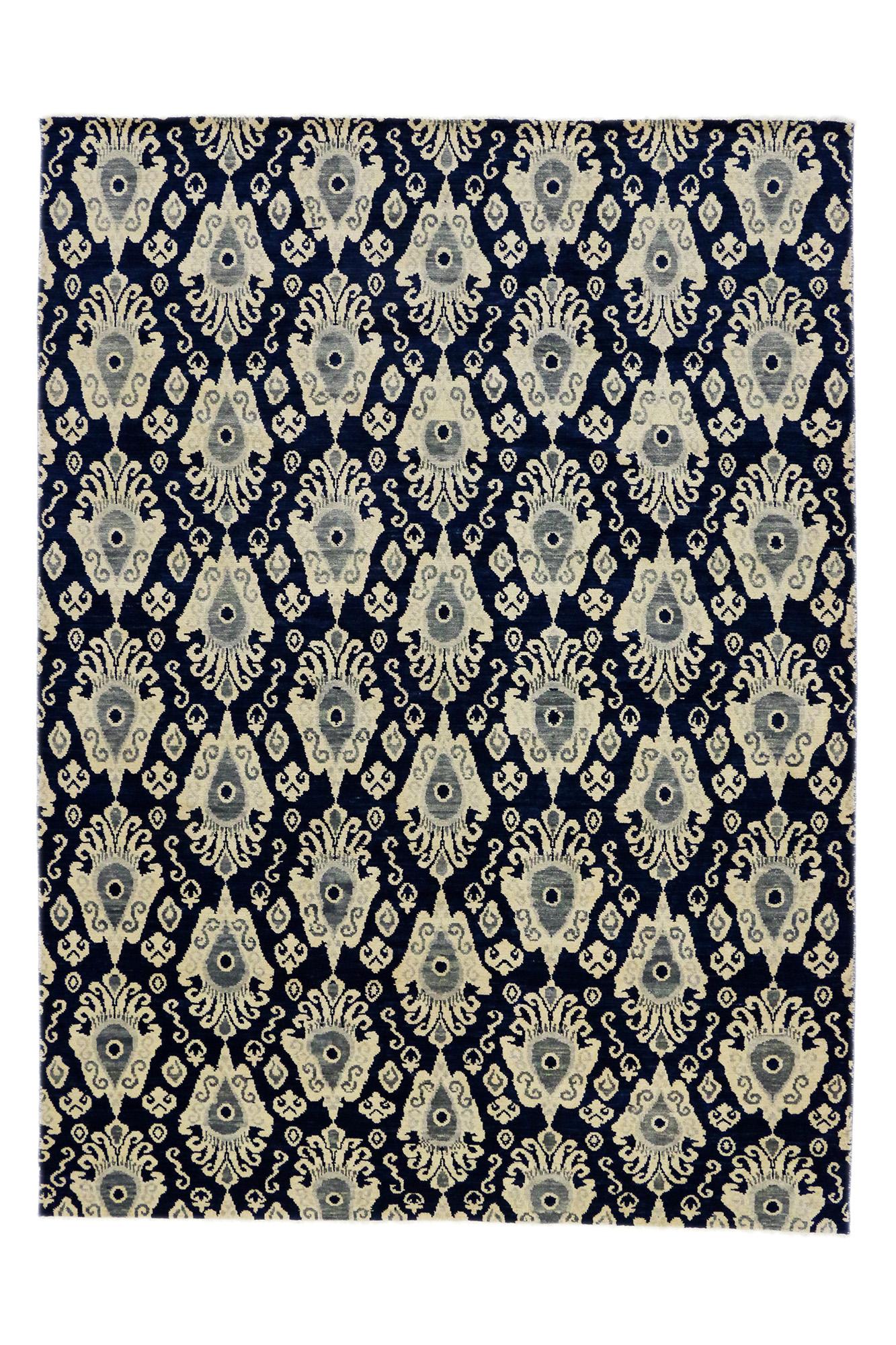 Wool Modern Navy Blue Ikat Rug, Contemporary Elegance Meets Global Chic For Sale