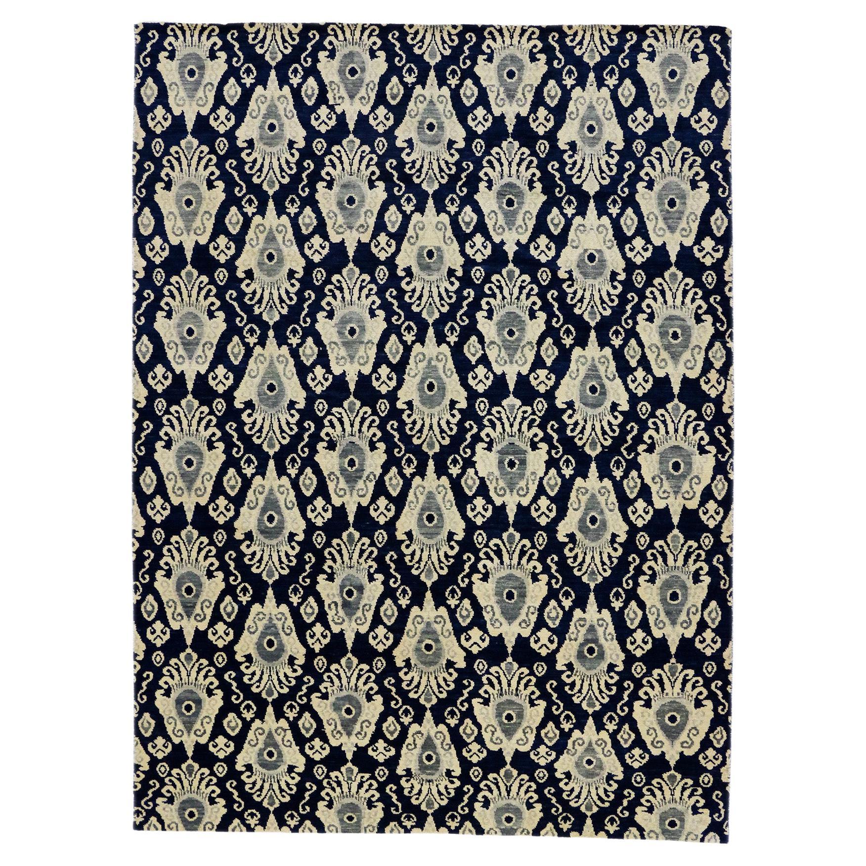 Modern Navy Blue Ikat Rug, Contemporary Elegance Meets Global Chic For Sale