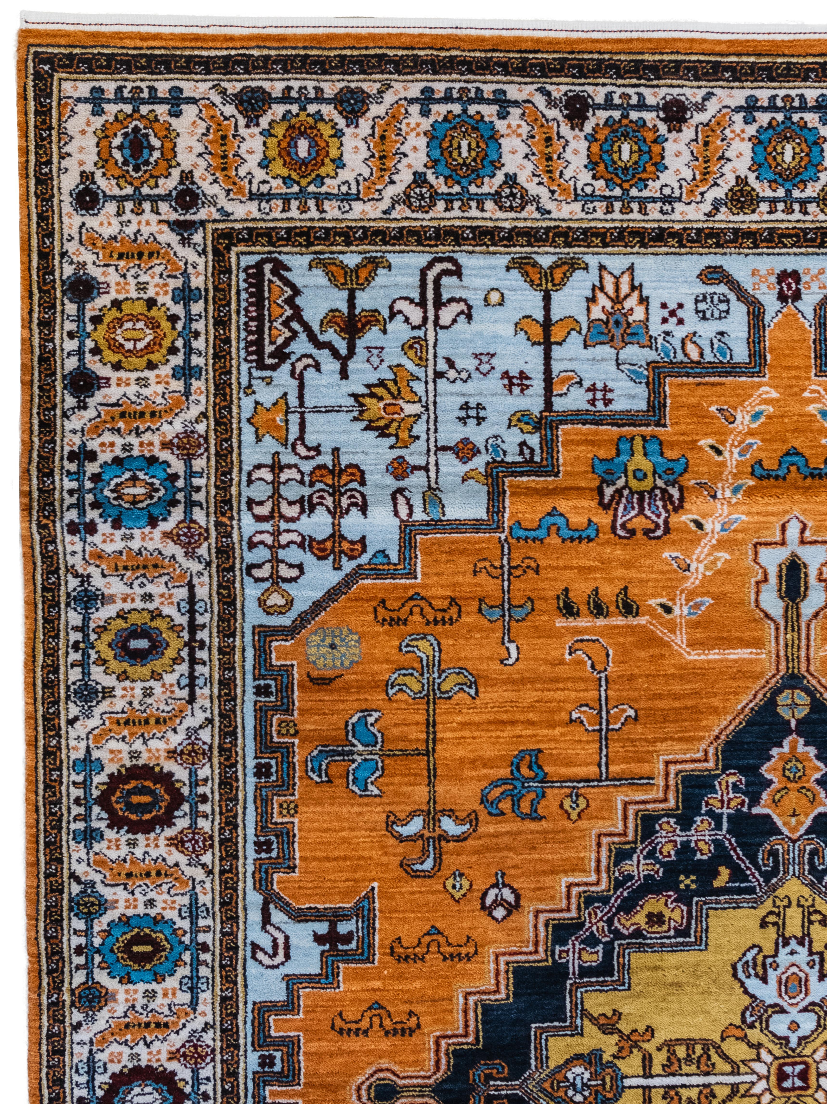 Navajo Transitional Orange, Blue, and Cream Persian Area Rug in Pure Wool, 5' x 7' For Sale