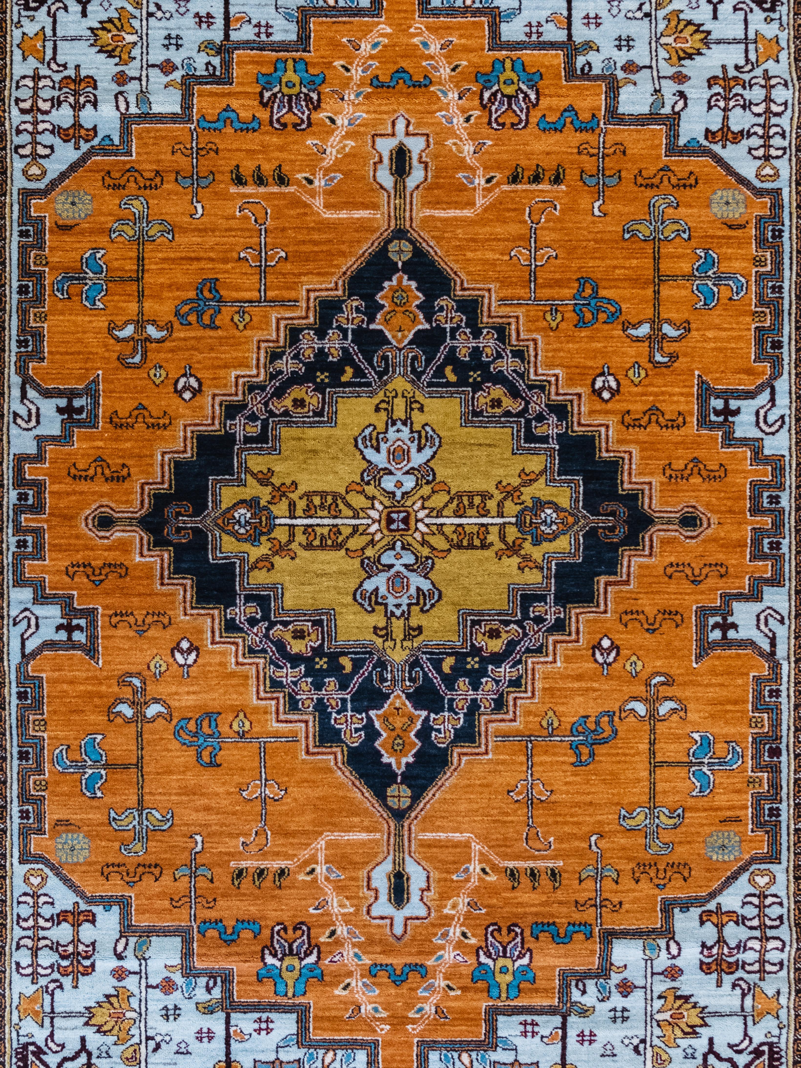 Vegetable Dyed Transitional Orange, Blue, and Cream Persian Area Rug in Pure Wool, 5' x 7' For Sale