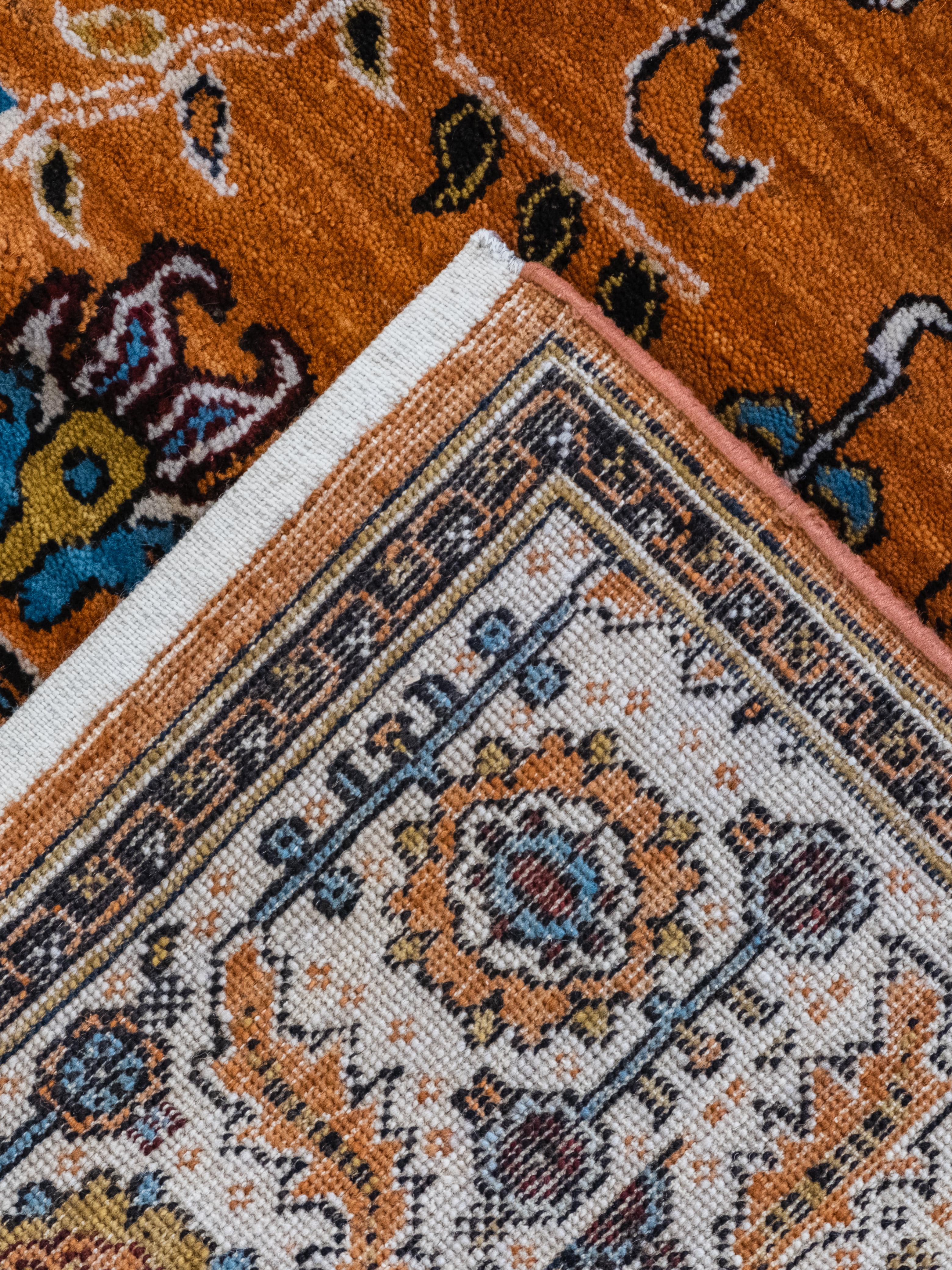 Transitional Orange, Blue, and Cream Persian Area Rug in Pure Wool, 5' x 7' For Sale 2