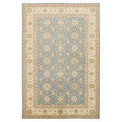Transitional Oushak Style Hand-Knotted Wool Area Rug in Slate Blue and Ivory