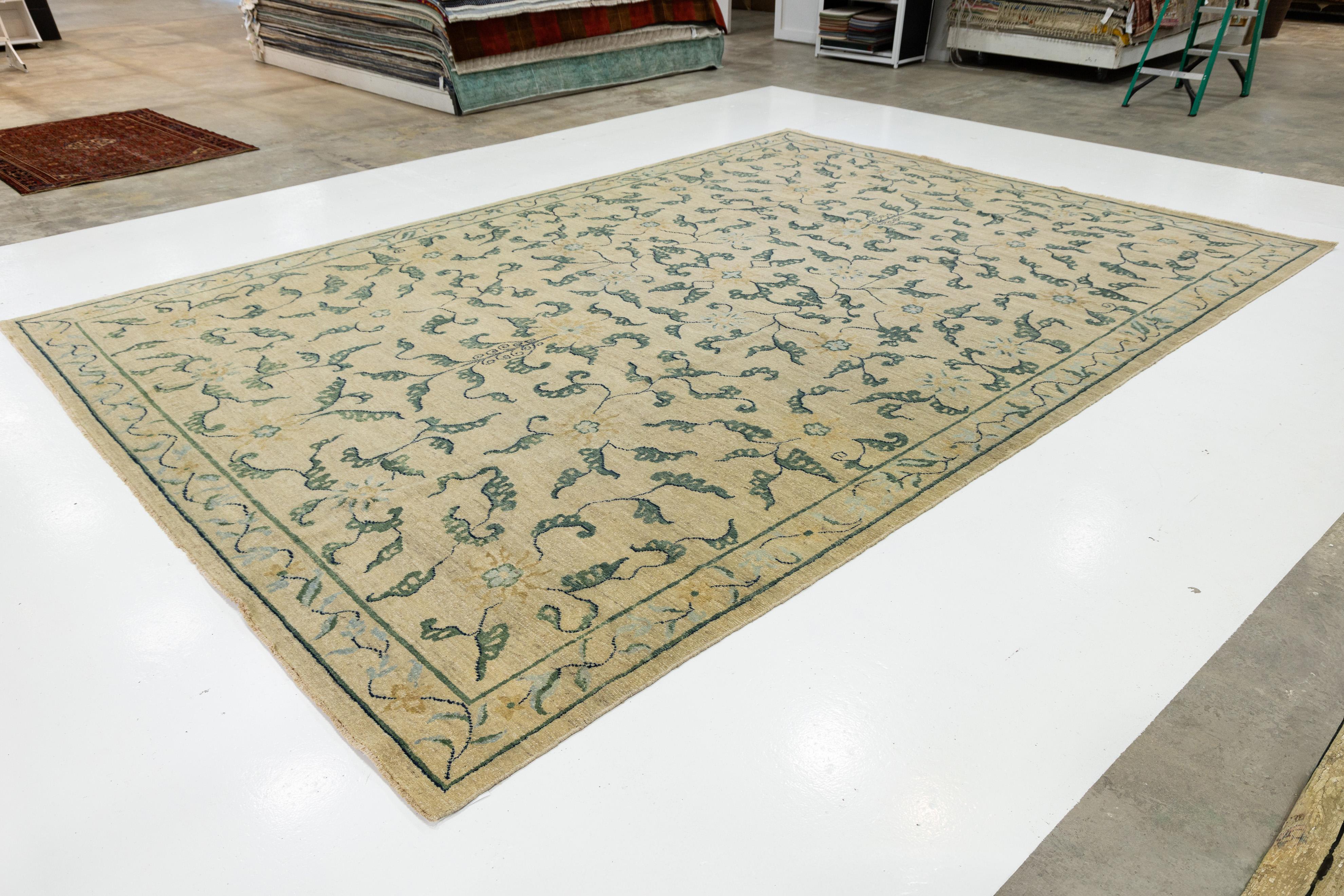 Alfombra Transicional De Lana Sobredimensionada Hecha A Mano En Beige Con Diseño Allover Indio en venta