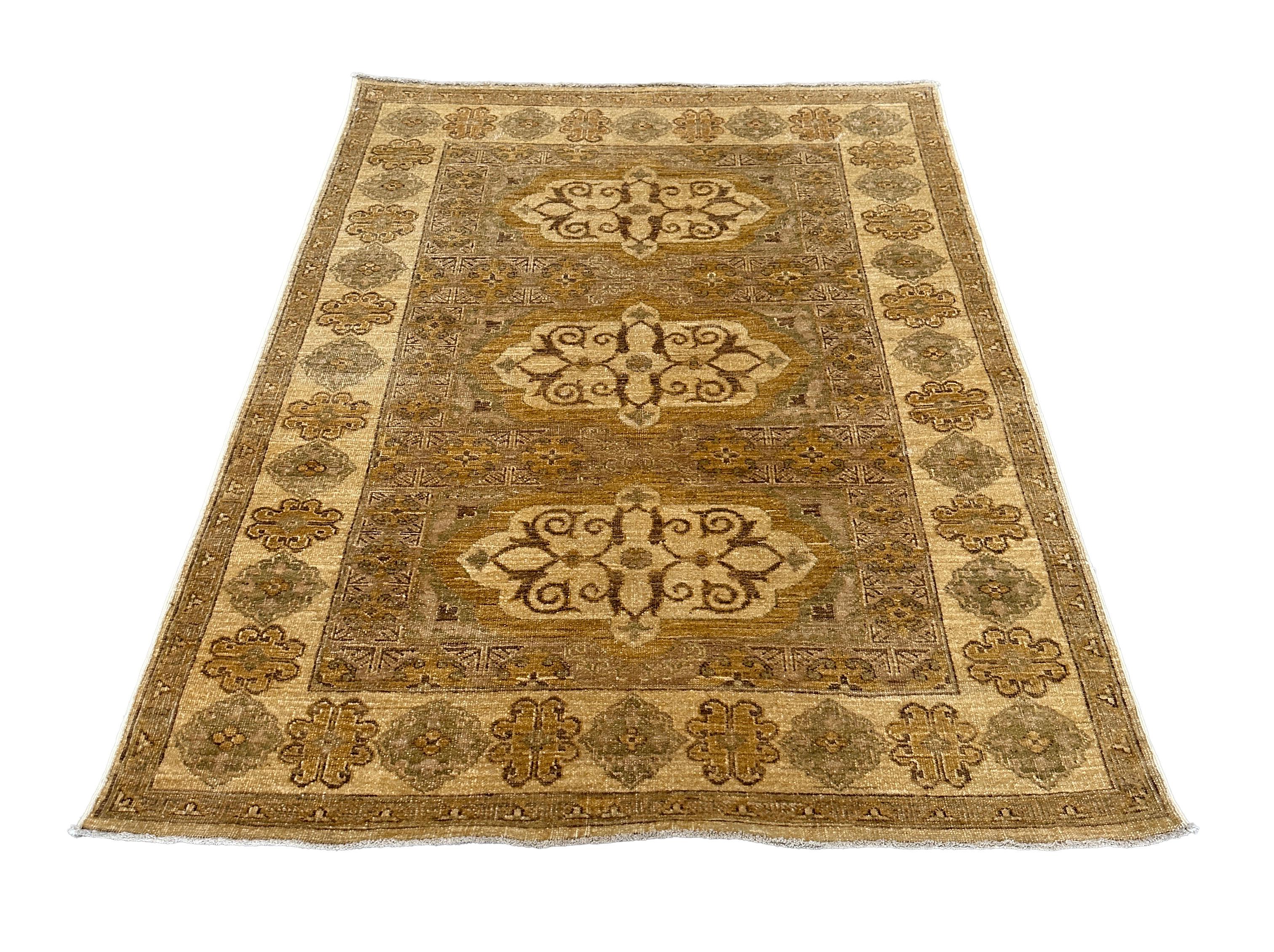 Dieser Teppich aus pakistanischer Wolle ist eine perfekte Mischung aus klassischem und modernem Stil und wertet Ihren Raum auf. Mit den Maßen 4' x 5'4