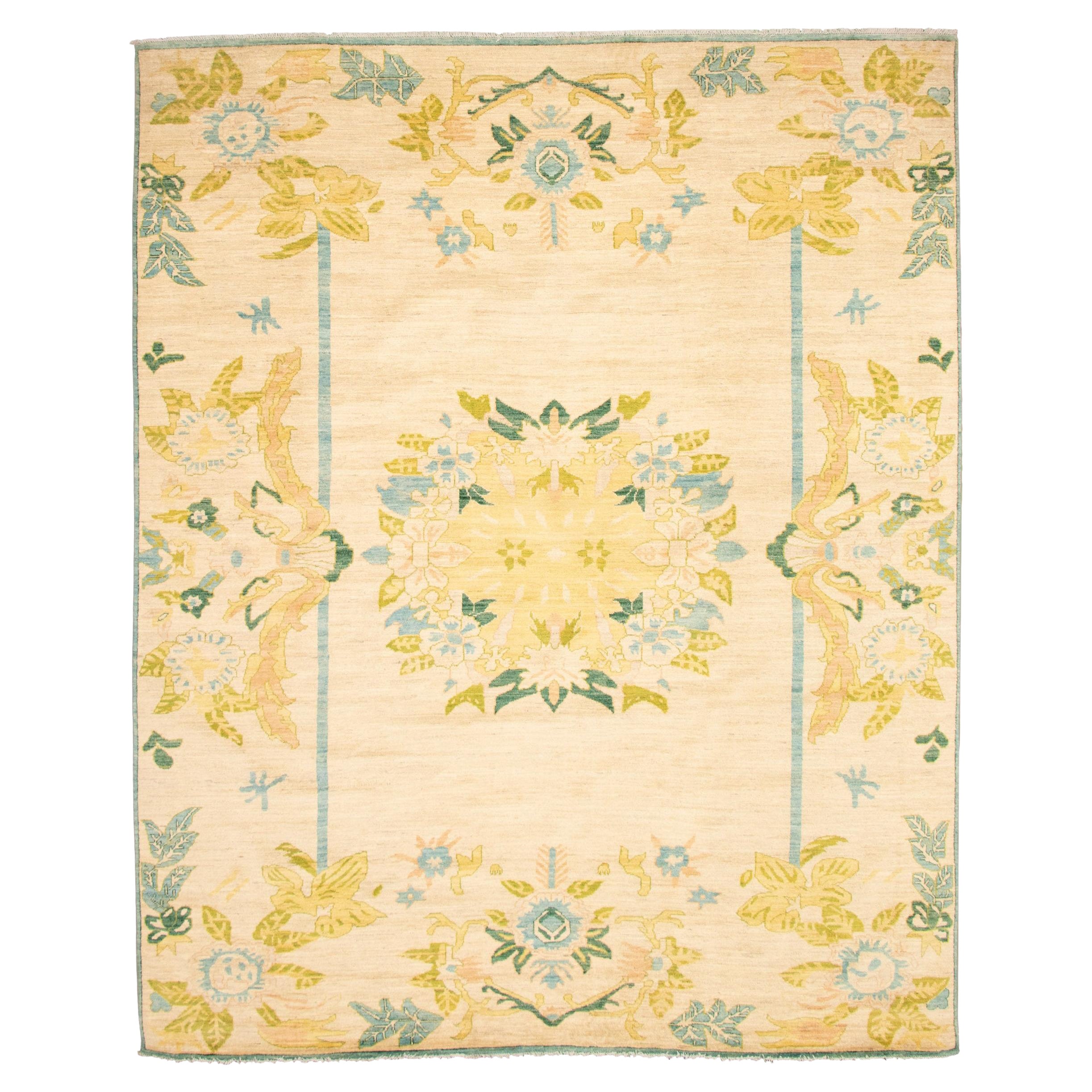 Transitional Pastel Yellow, Green, Blue, Persian Oushak Carpet, Wool, 9' x 12' For Sale