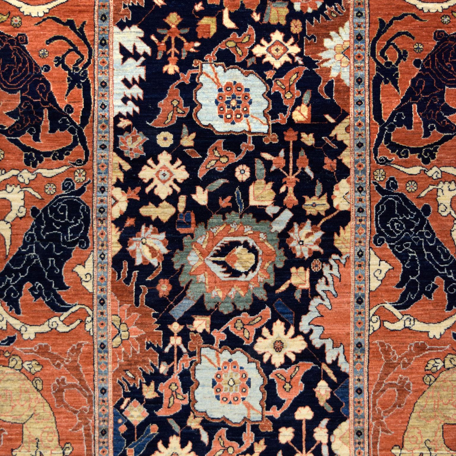 Featuring warm shades of orange, red, indigo, and taupe wool, this transitional Persian Bakhshayesh carpet is hand-knotted in Orley Shabahang's exclusive Shekarloo weave. Measuring 4'2
