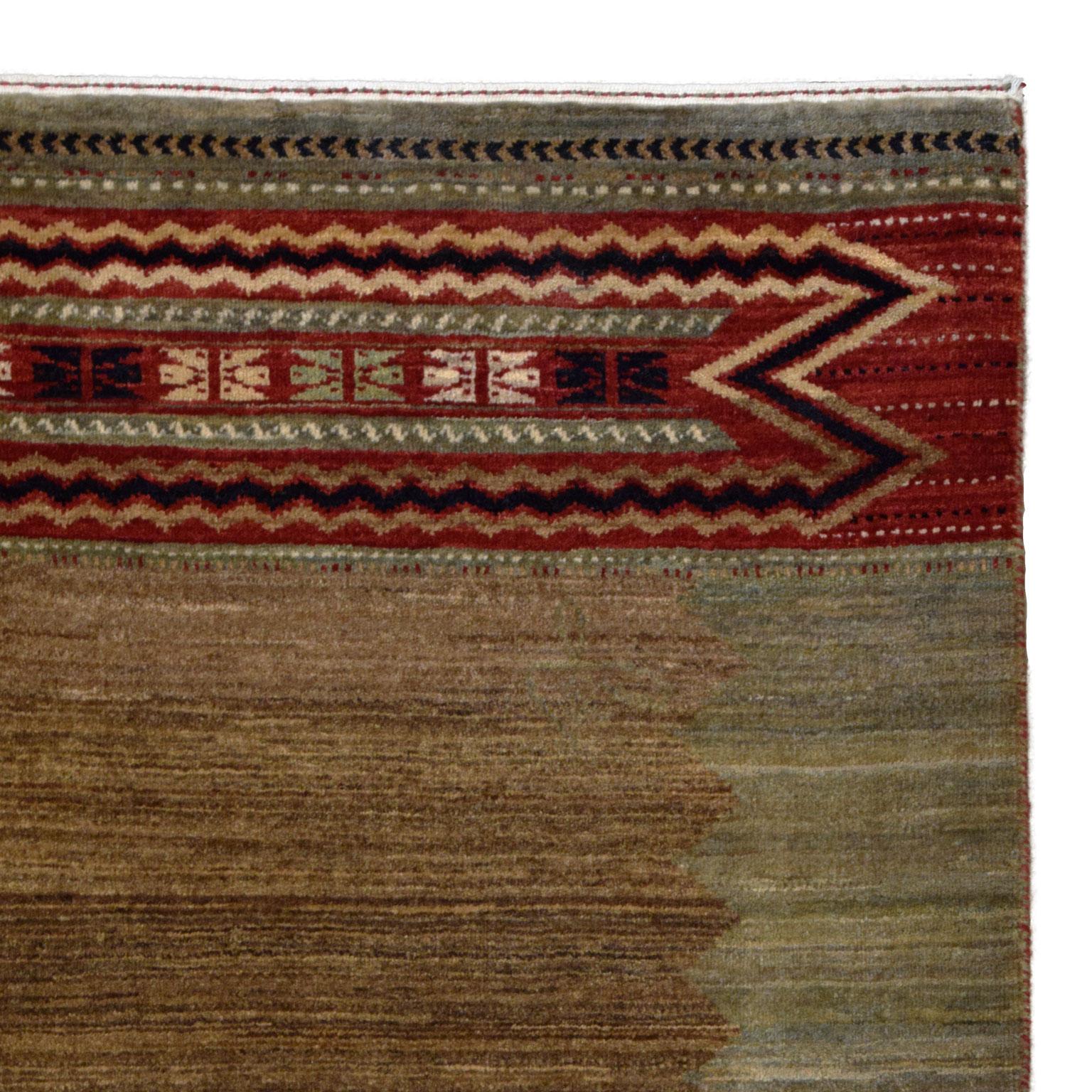 Vegetable Dyed Green, Brown, Wool Transitional Persian Qashqai Tribal Rug, 4' x 6' For Sale