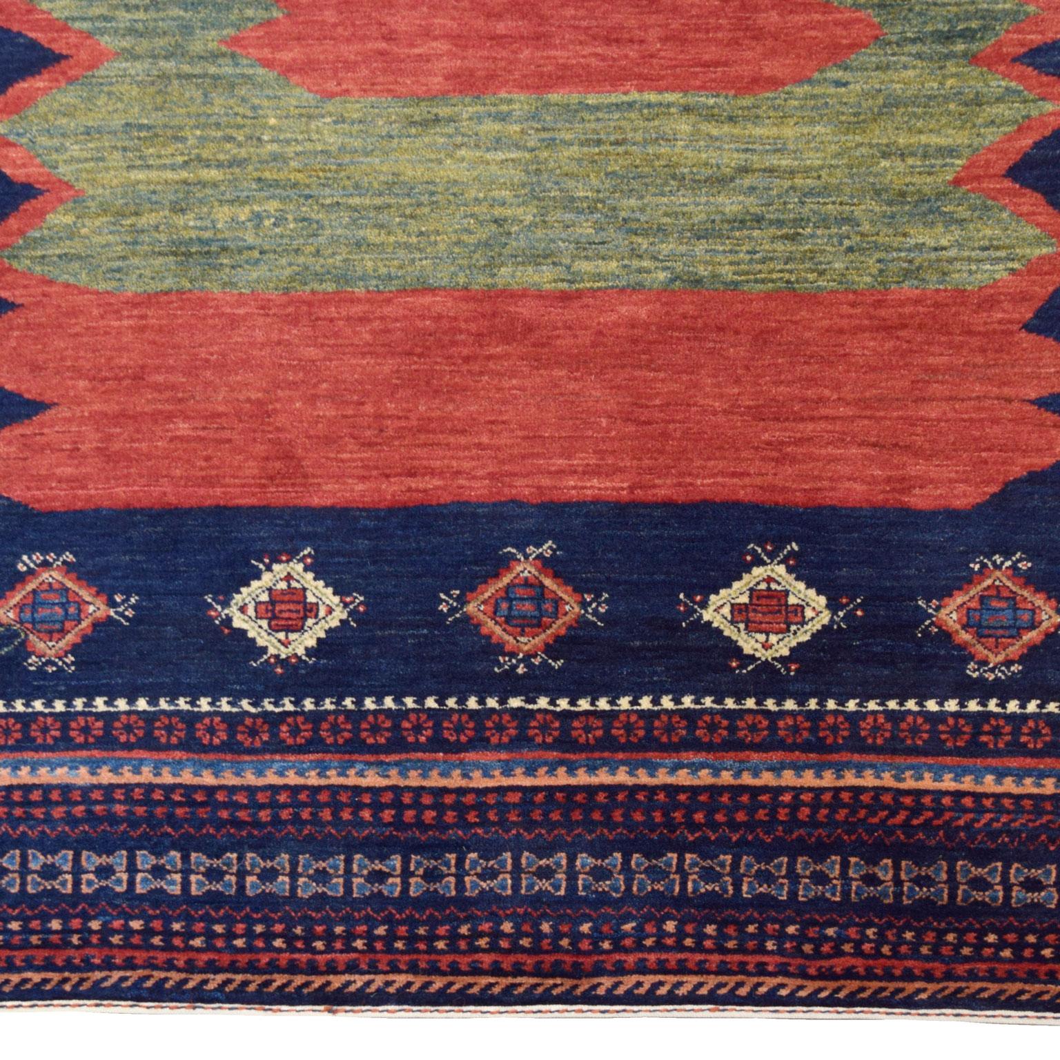 Vegetable Dyed Hand-Knotted Wool Persian Qashqai Tribal Rug, Red, Green, Indigo, Cream, 4’ x 6’ For Sale