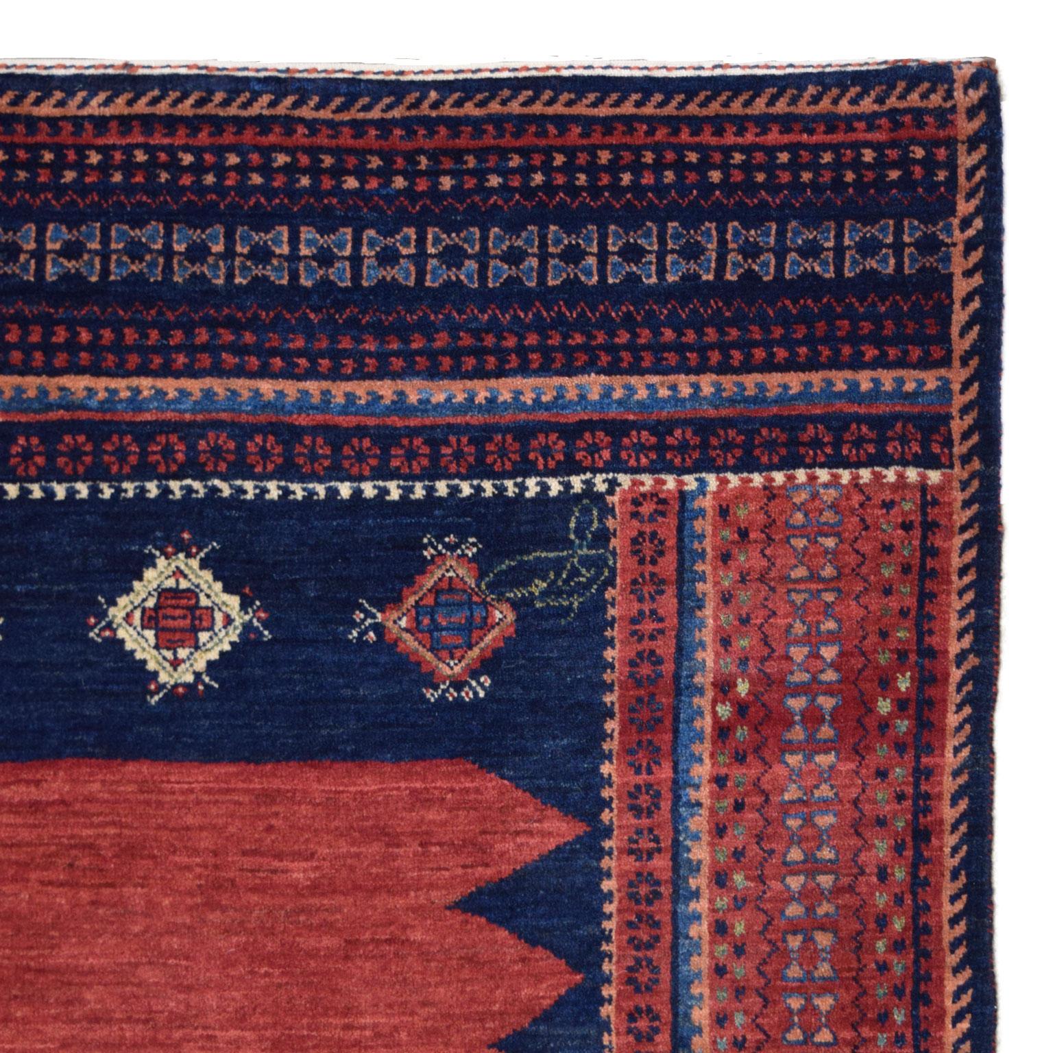 Hand-Knotted Wool Persian Qashqai Tribal Rug, Red, Green, Indigo, Cream, 4’ x 6’ For Sale 1