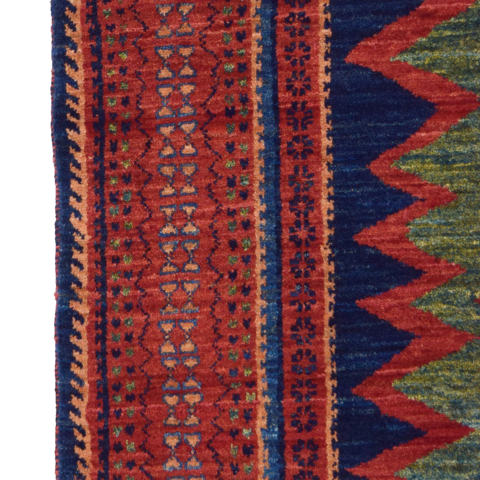 Hand-Knotted Wool Persian Qashqai Tribal Rug, Red, Green, Indigo, Cream, 4’ x 6’ For Sale 3