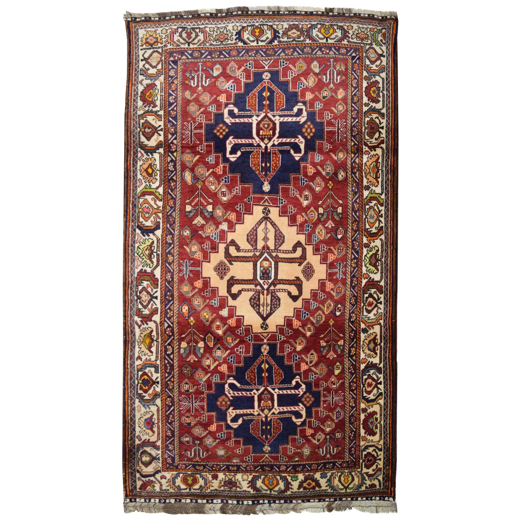 Vintage 1930s Wool Persian Kashkouli Tribal Rug, 4' x 6' For Sale