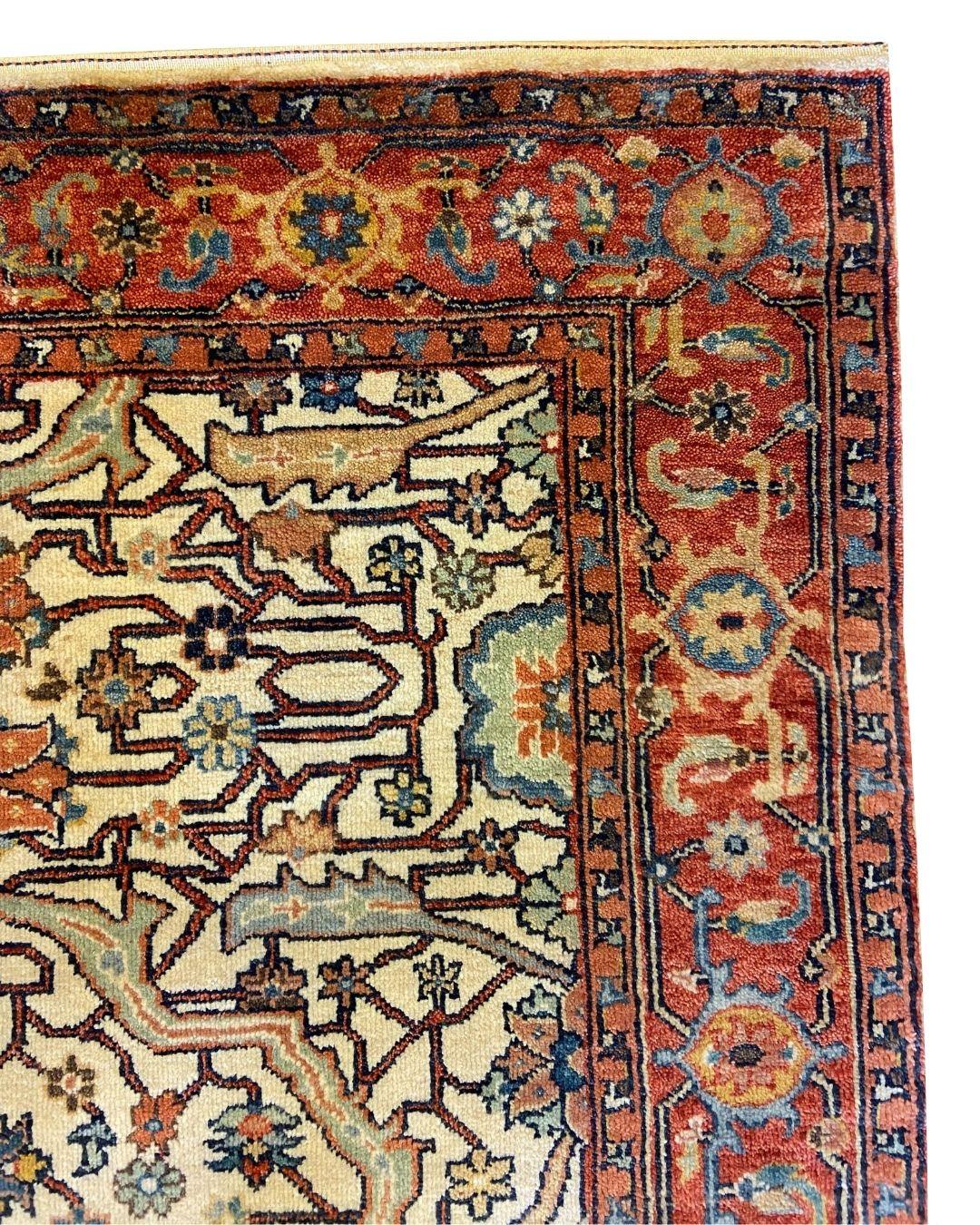 Teinture végétale Tapis transitionnel rouge, bleu, vert et crème noué à la main, 4' x 6' en vente