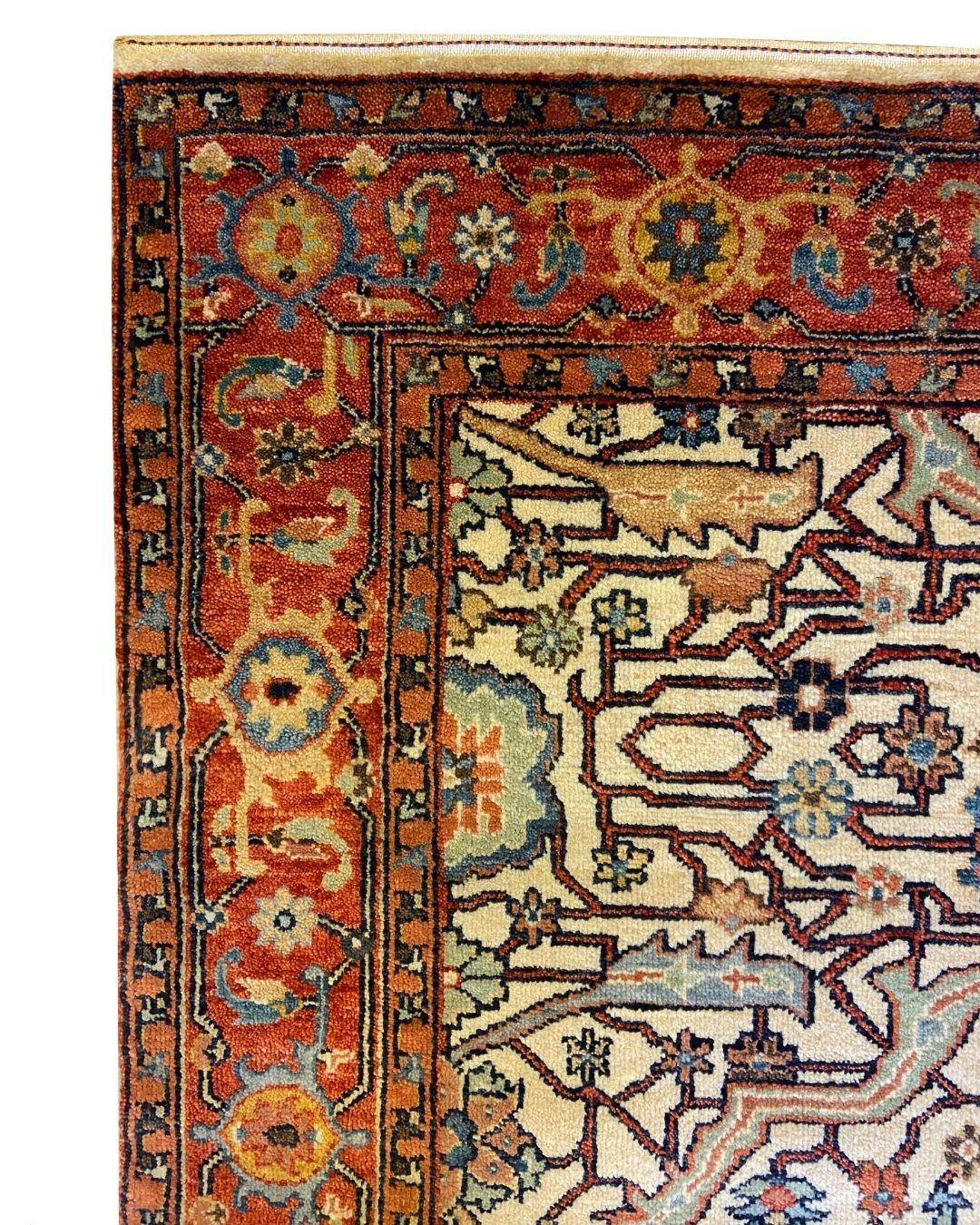 Tapis transitionnel rouge, bleu, vert et crème noué à la main, 4' x 6' Neuf - En vente à New York, NY
