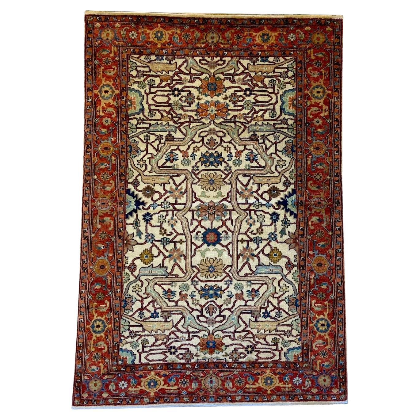 Tapis transitionnel rouge, bleu, vert et crème noué à la main, 4' x 6'