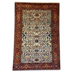 Transitional Red, Blue, Green, and Cream Hand-Knotted Wool Rug, 4' x 6'