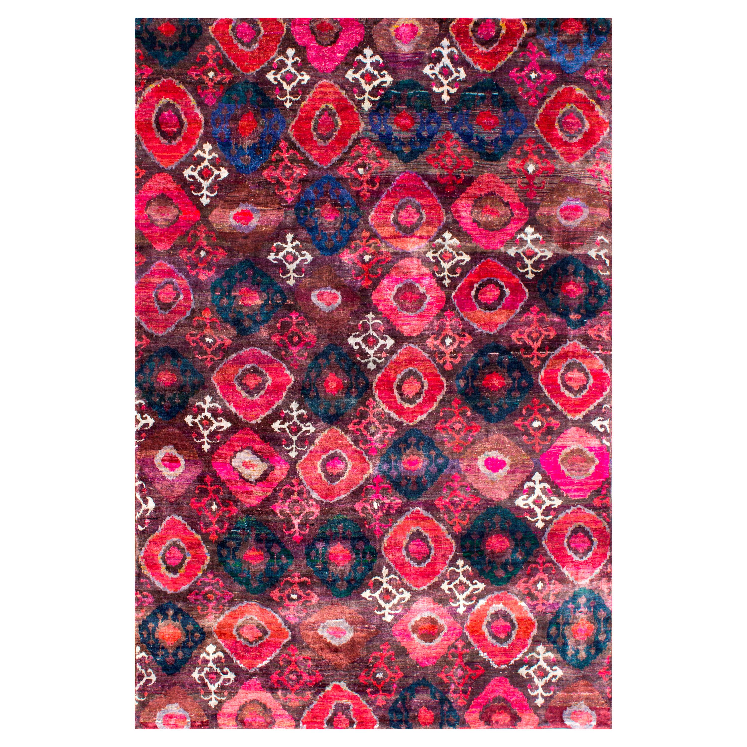 Transitional Red Burgundy Pink Blue Natural Silk Eco-Friendly Hand-Knotted Rug For Sale