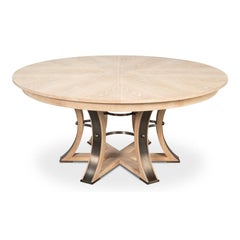 Transitional Round Dining Table, Large Bleached Oak with Hammered Iron Base