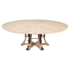 Transitional Round Dining Table, Large Bleached Oak with Hammered Iron Base