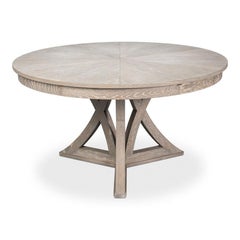Transitional Round Dining Table, Large Grey Oak with Sculptural X-Form Pedestal