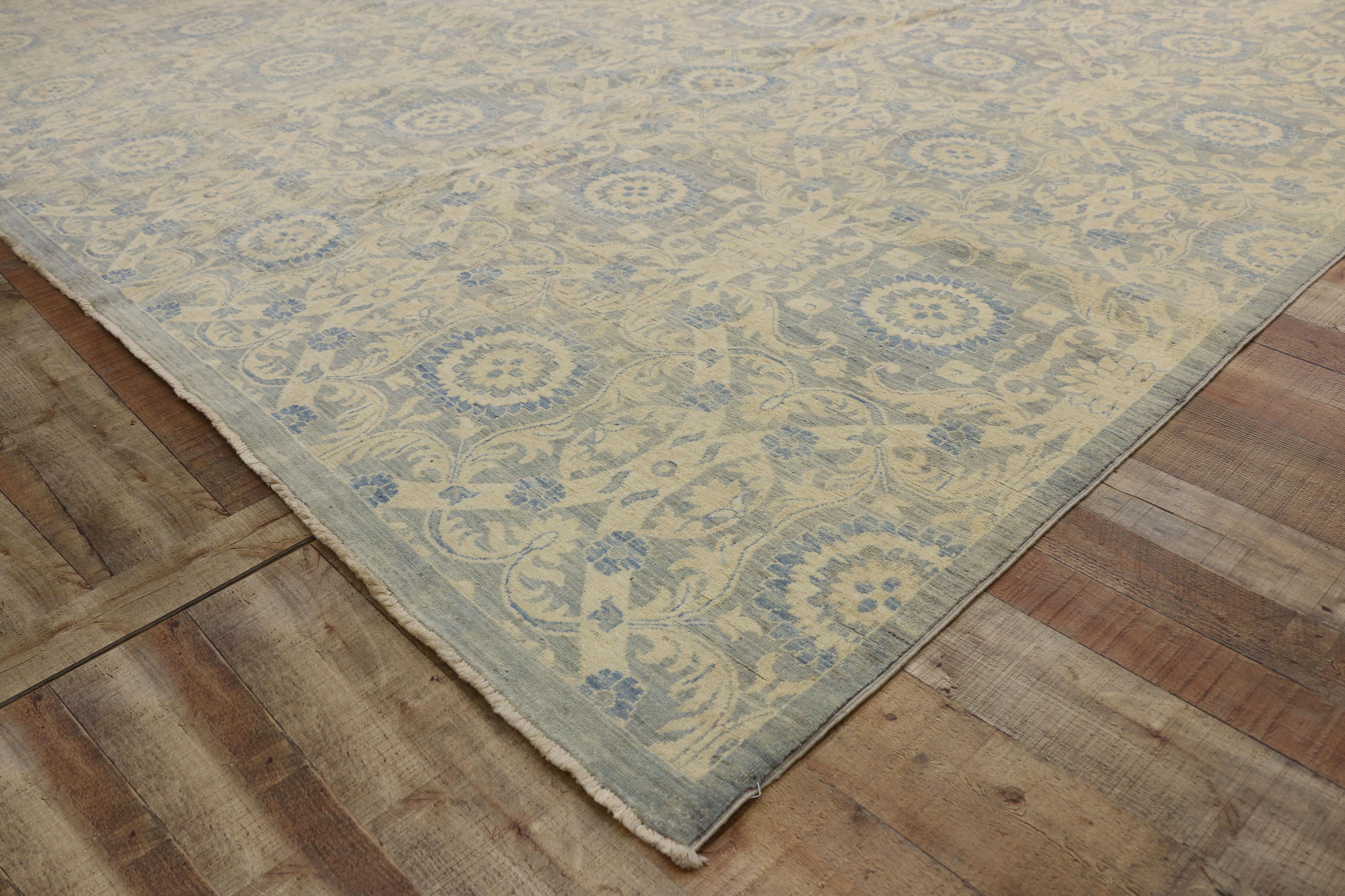 Hand-Knotted New Transitional Area Rug with Farmhouse Cottage Style and Orphism Ogee Pattern